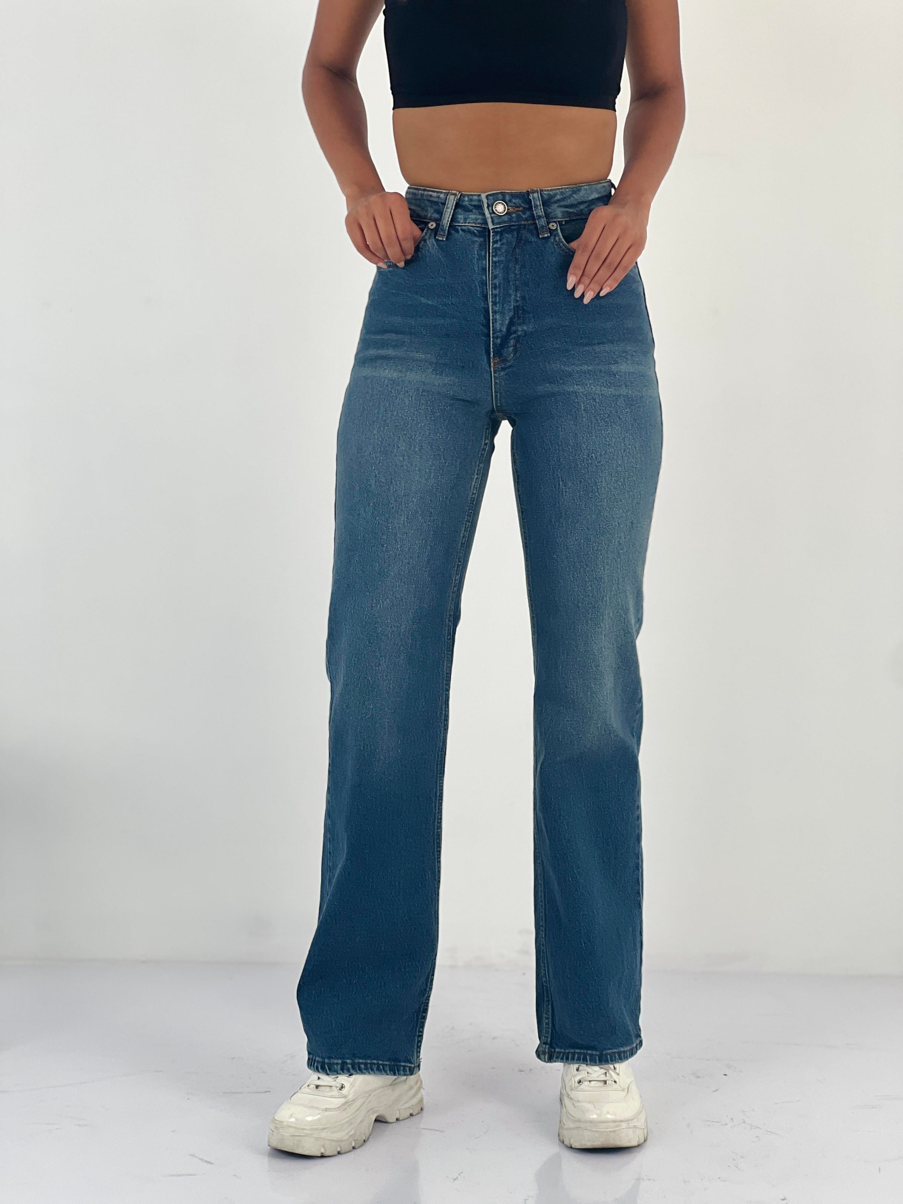 Kadın Yüksek Bel Düz Kesim Mavi Jean Pantolon-75456