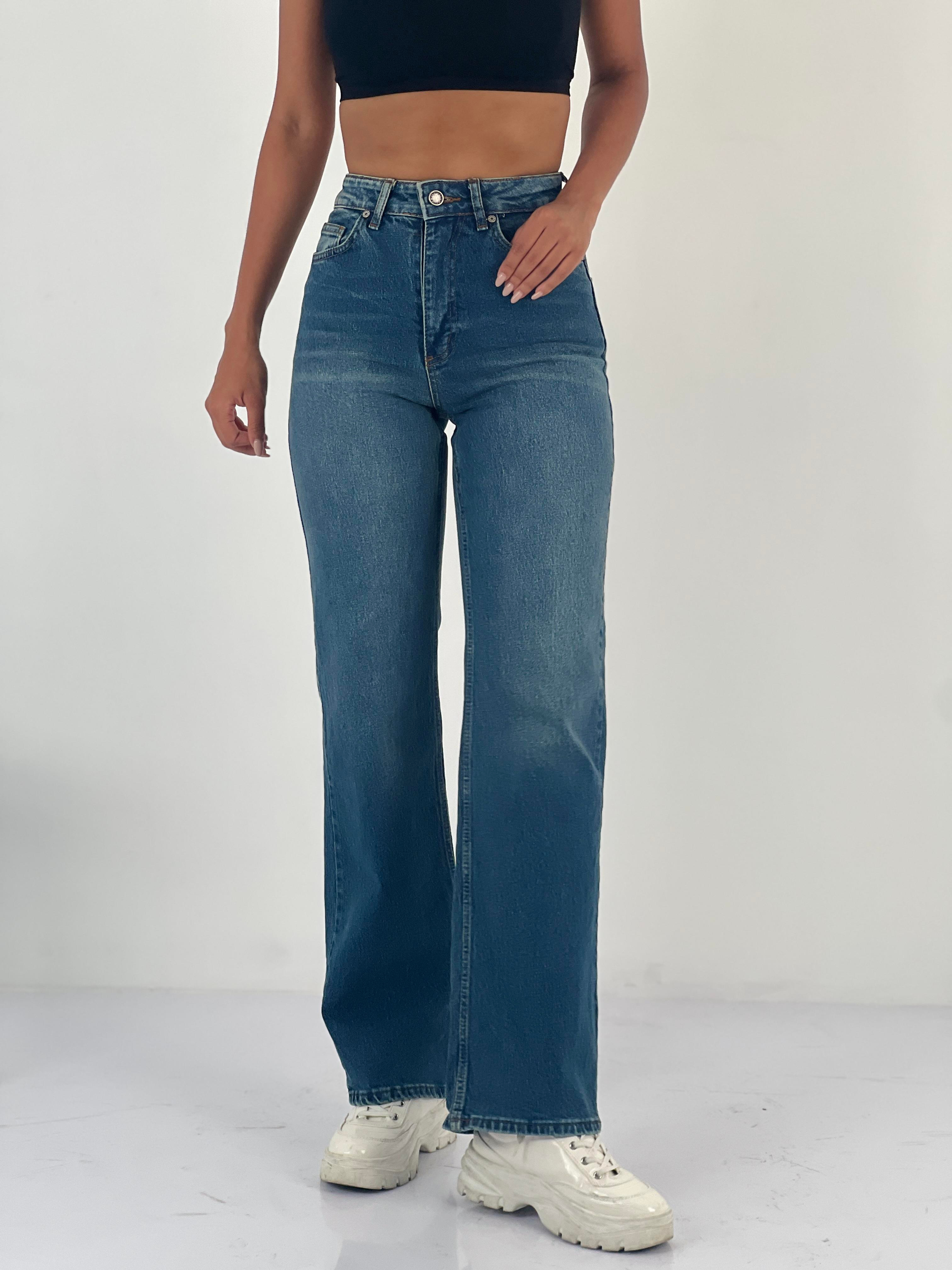 Kadın Yüksek Bel Düz Kesim Mavi Jean Pantolon-75456