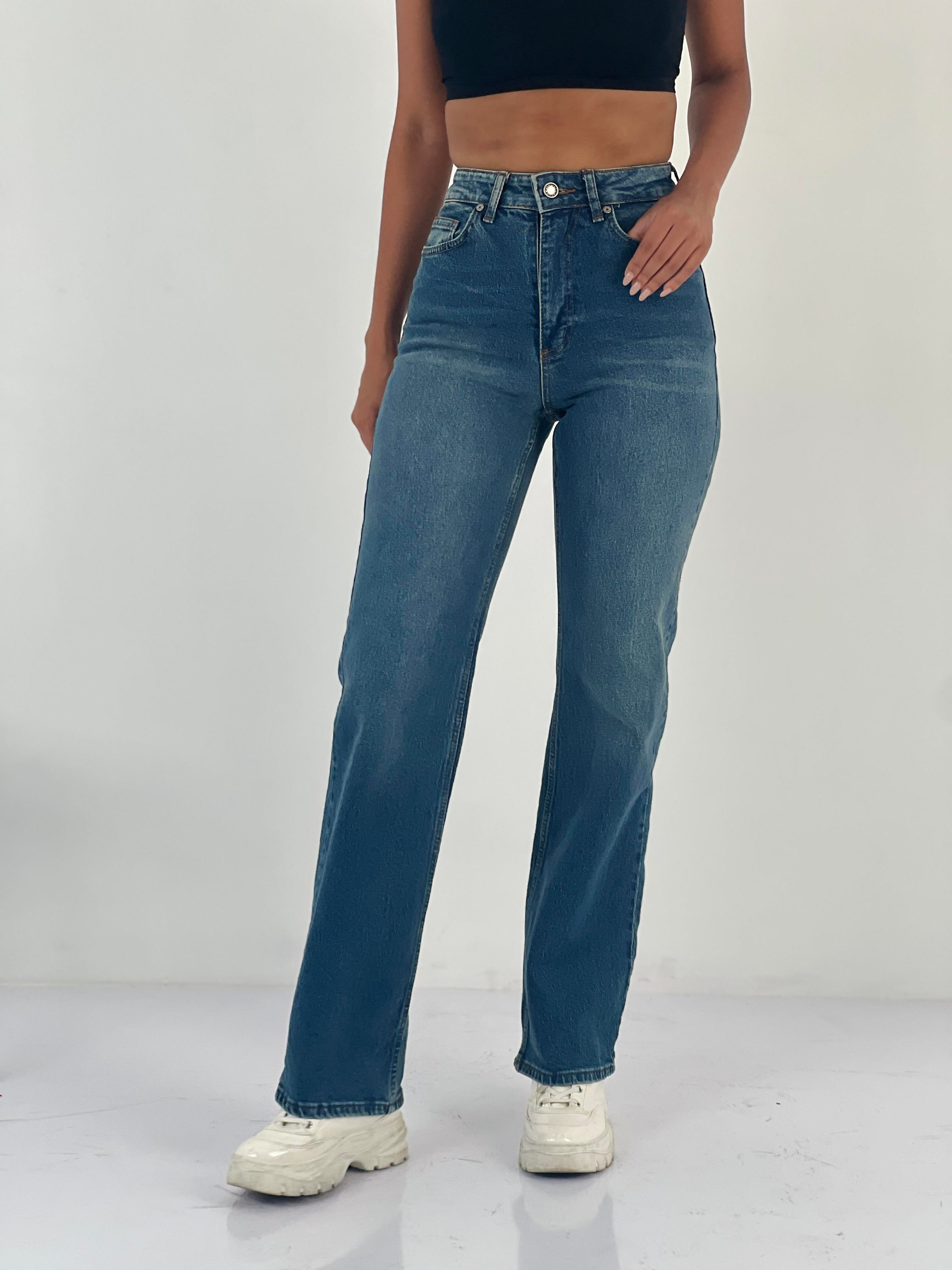 Kadın Yüksek Bel Düz Kesim Mavi Jean Pantolon-75456