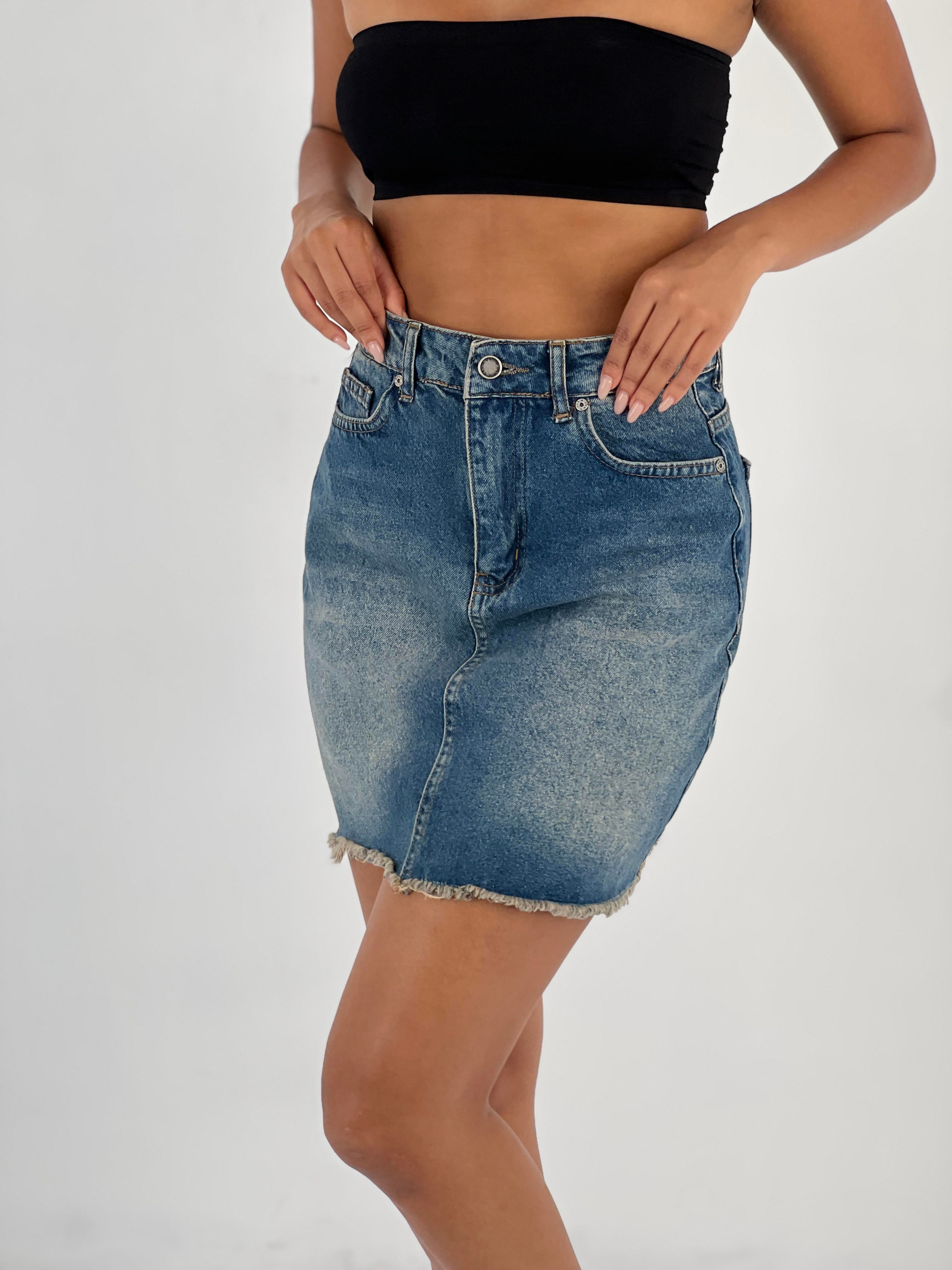 Kadın Yüksek Bel Püsküllü Kot Etek-72764