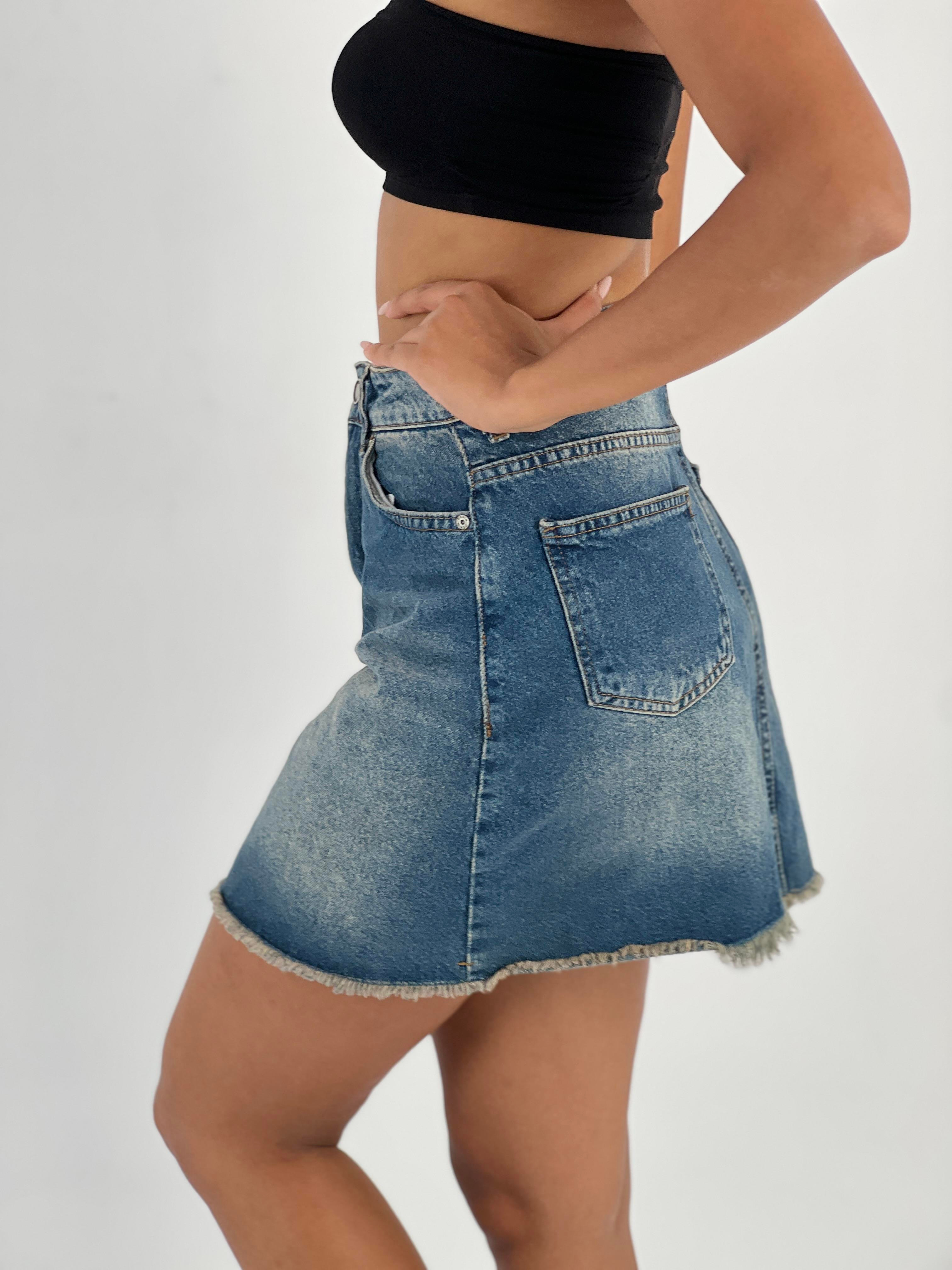 Kadın Yüksek Bel Püsküllü Kot Etek-72764