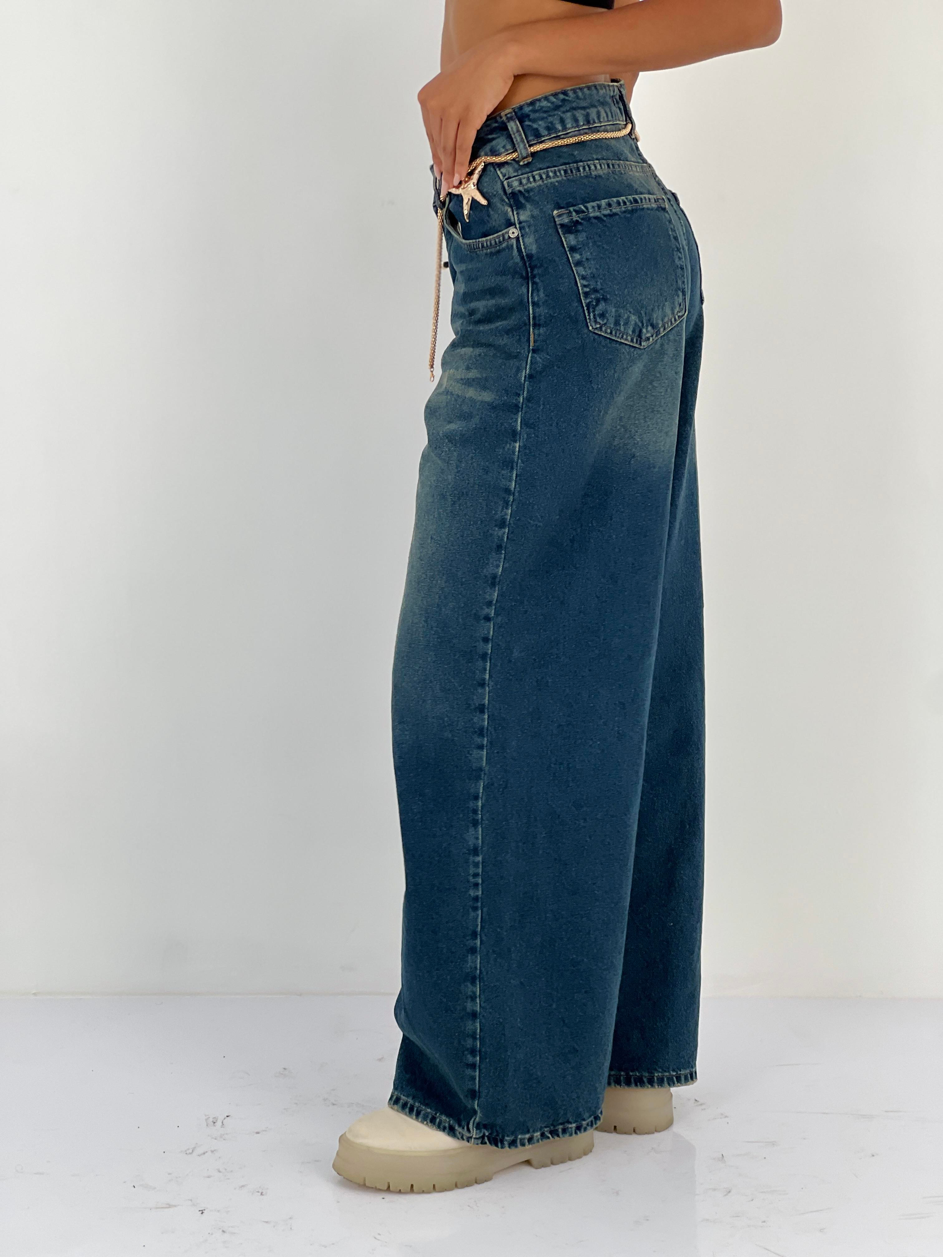 Kadın Zincir ve Yıldız Detaylı Bol Paça Jean Pantolon-75463-1