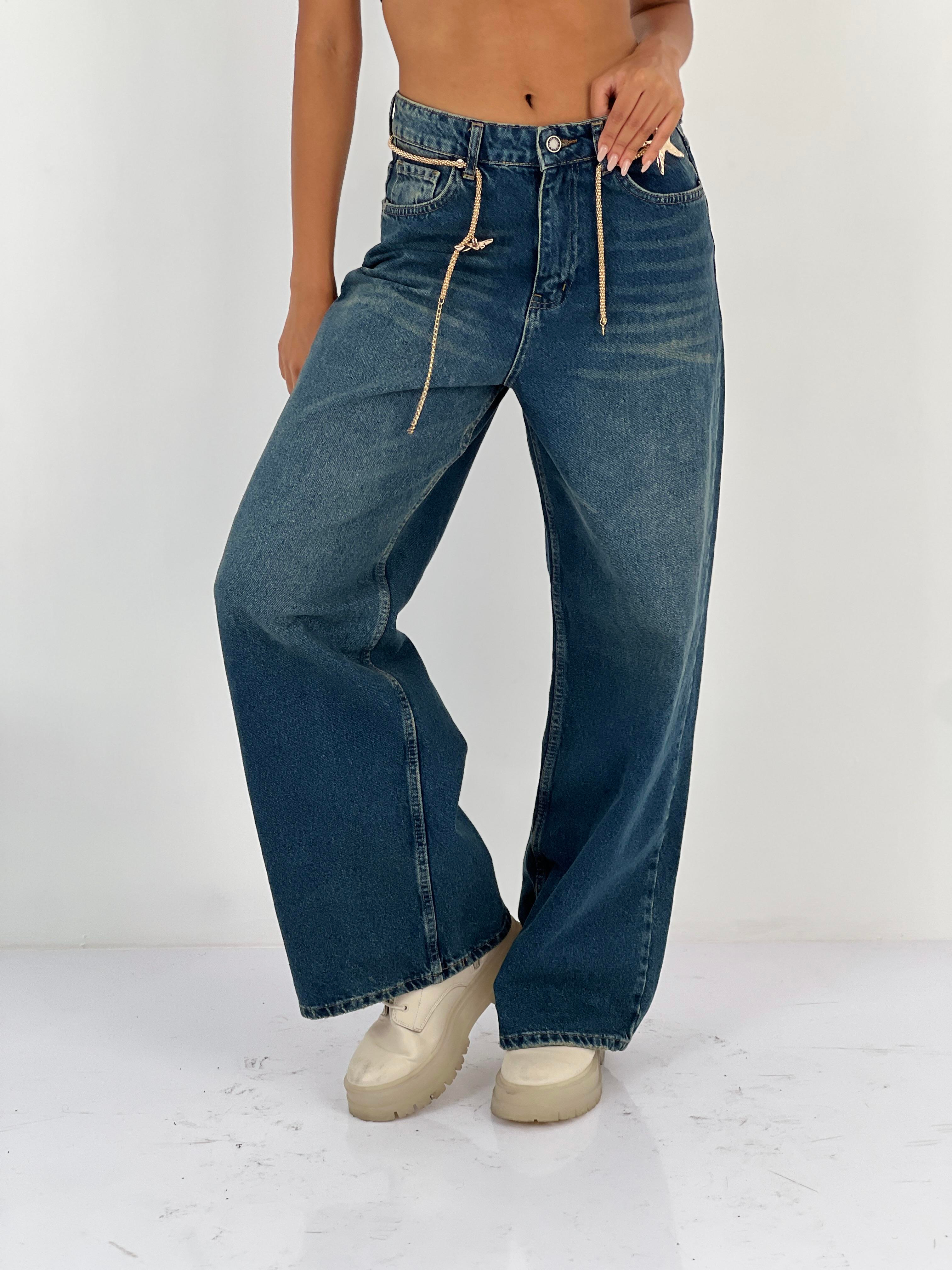 Kadın Zincir ve Yıldız Detaylı Bol Paça Jean Pantolon-75463-1