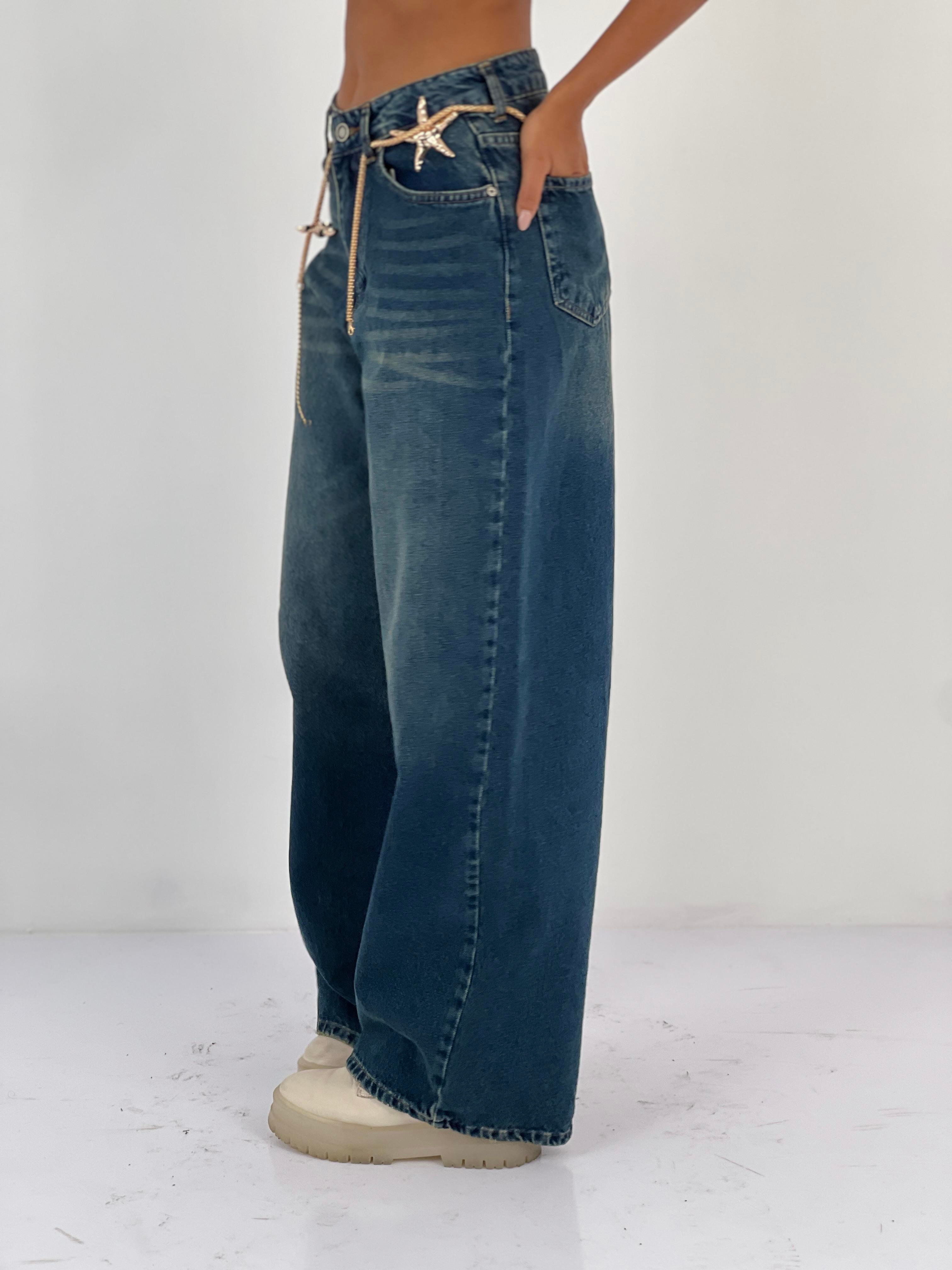 Kadın Zincir ve Yıldız Detaylı Bol Paça Jean Pantolon-75463-1