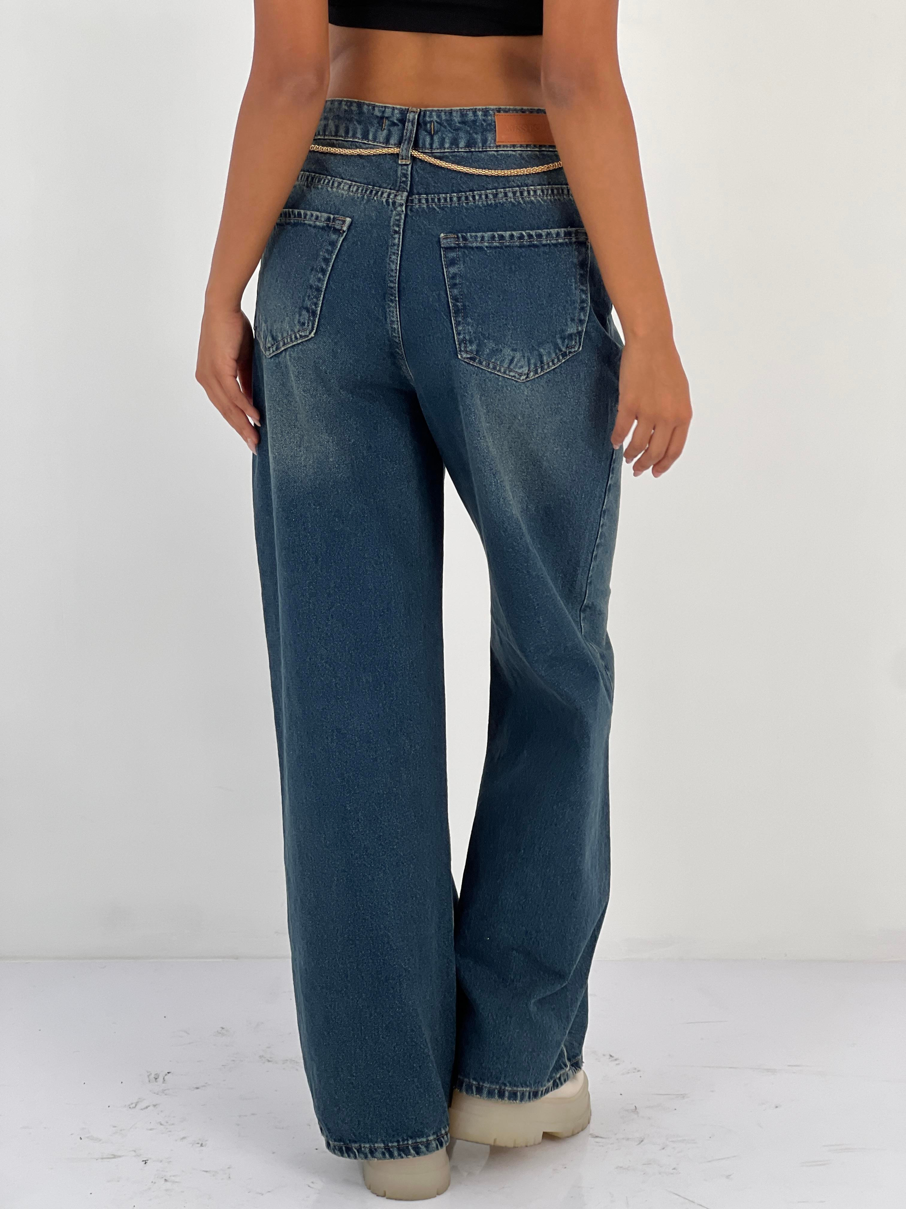 Kadın Zincir ve Yıldız Detaylı Bol Paça Jean Pantolon-75463-1