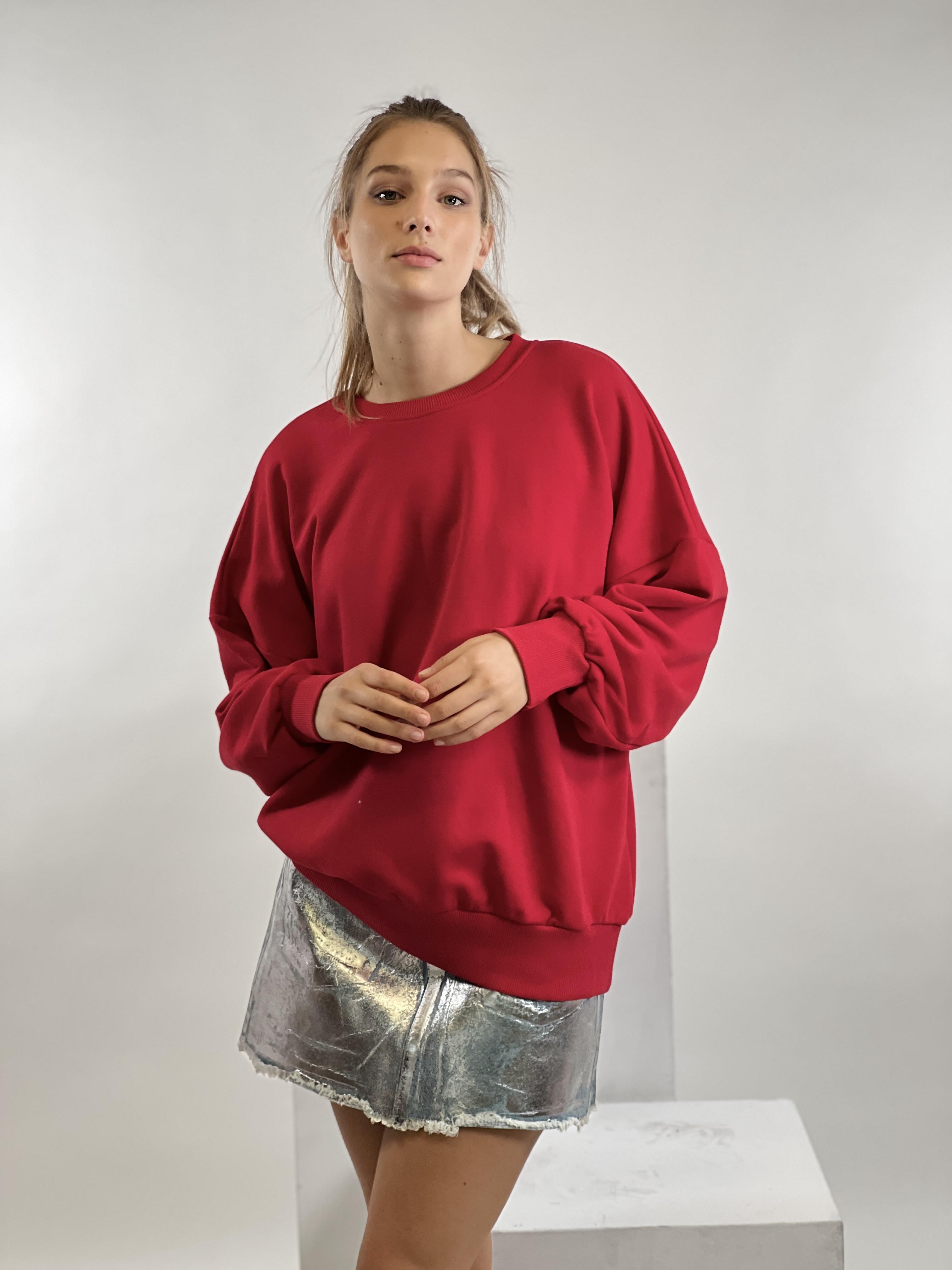 Kırmızı Bisiklet Yaka Oversize Basic Kadın Örme Sweatshirt-17378