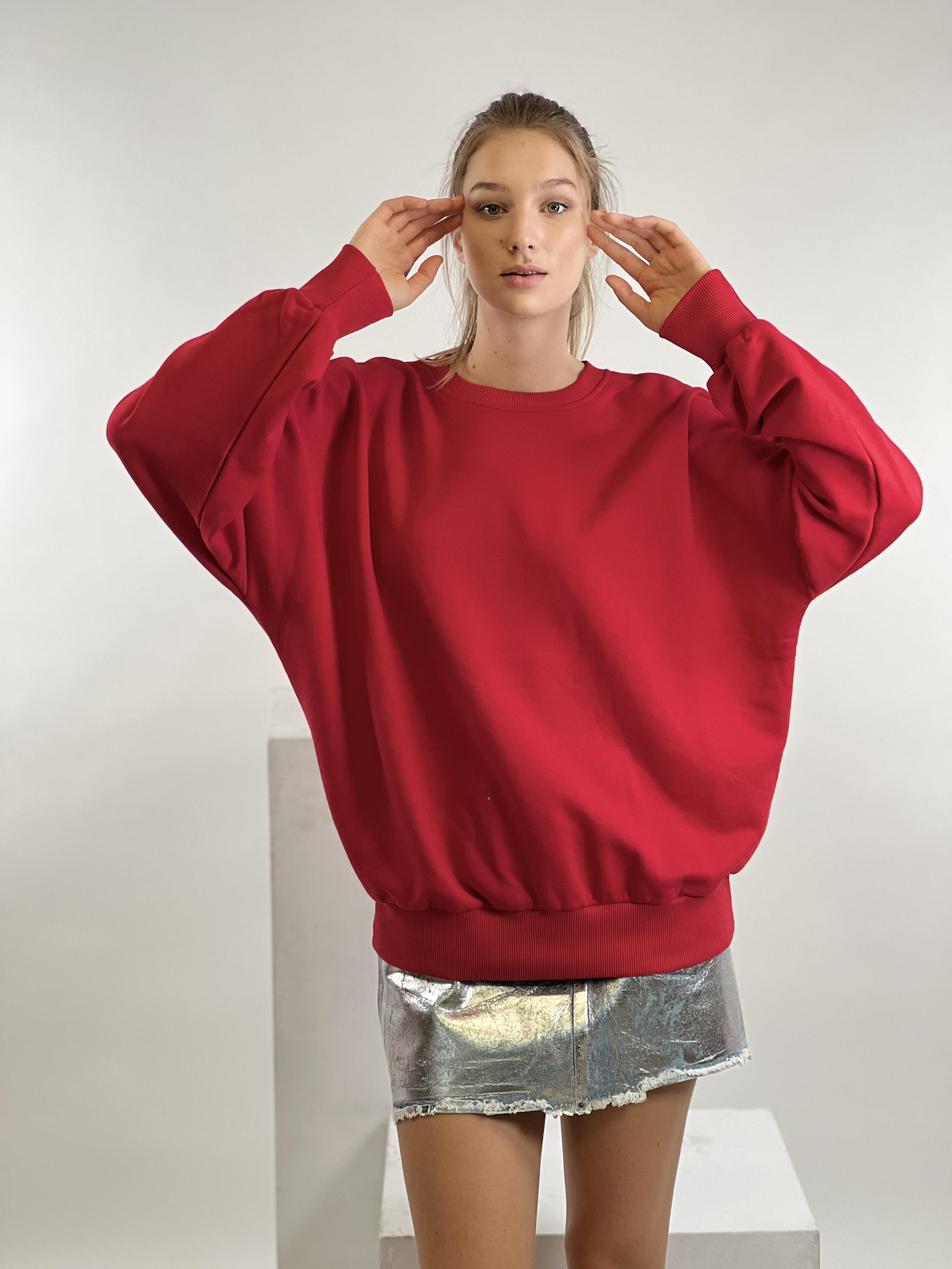 Kırmızı Bisiklet Yaka Oversize Basic Kadın Örme Sweatshirt-17378