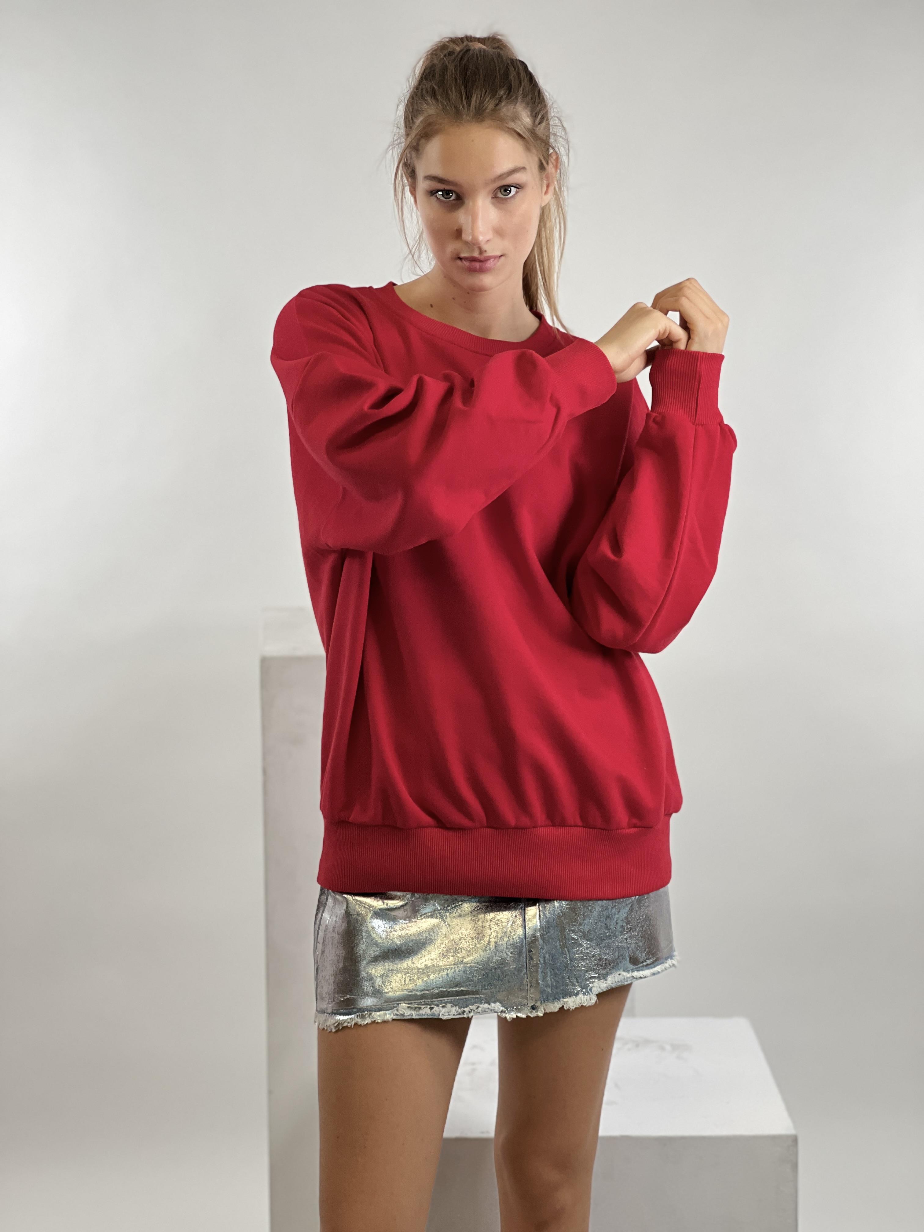 Kırmızı Bisiklet Yaka Oversize Basic Kadın Örme Sweatshirt-17378