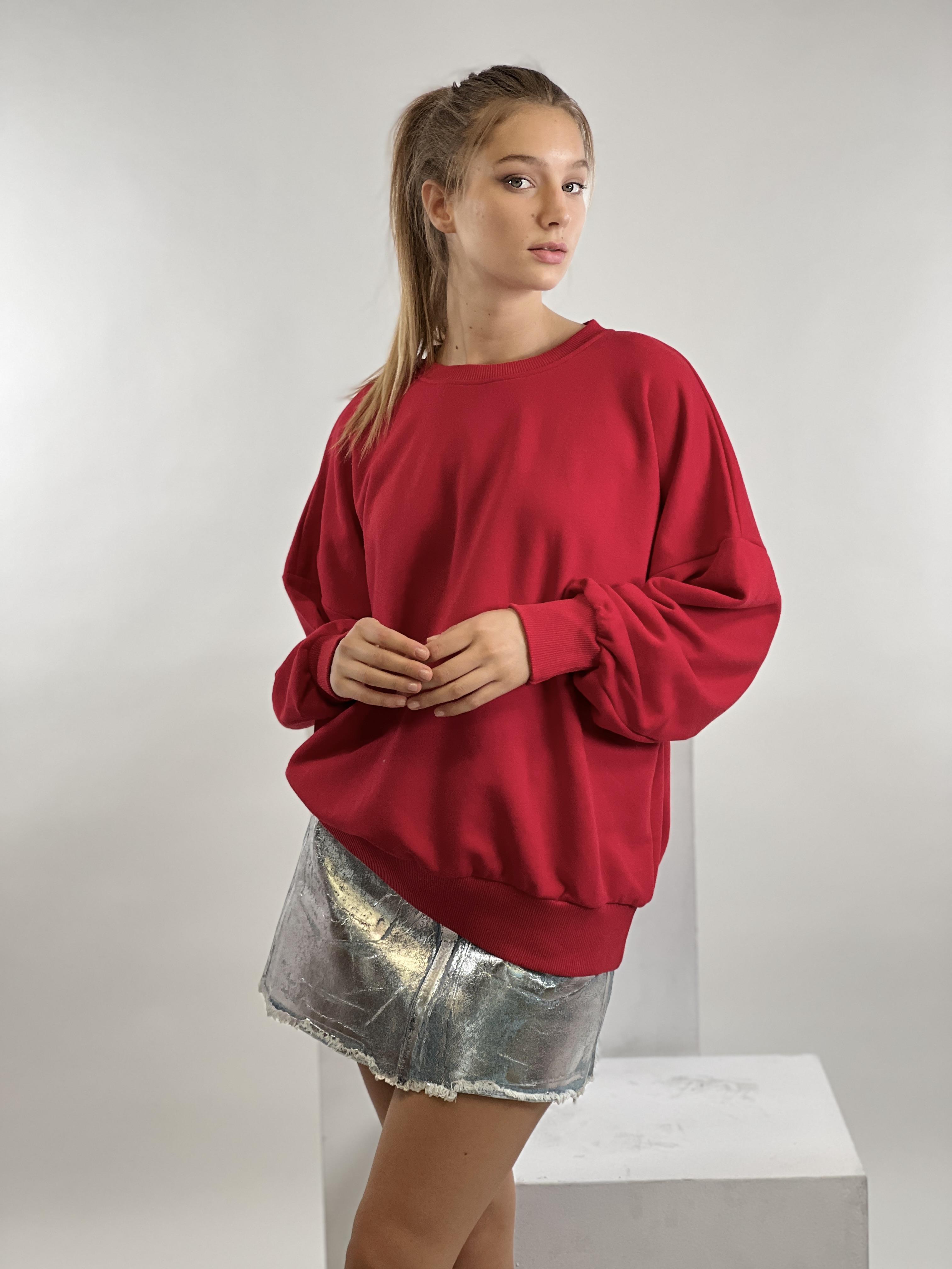 Kırmızı Bisiklet Yaka Oversize Basic Kadın Örme Sweatshirt-17378