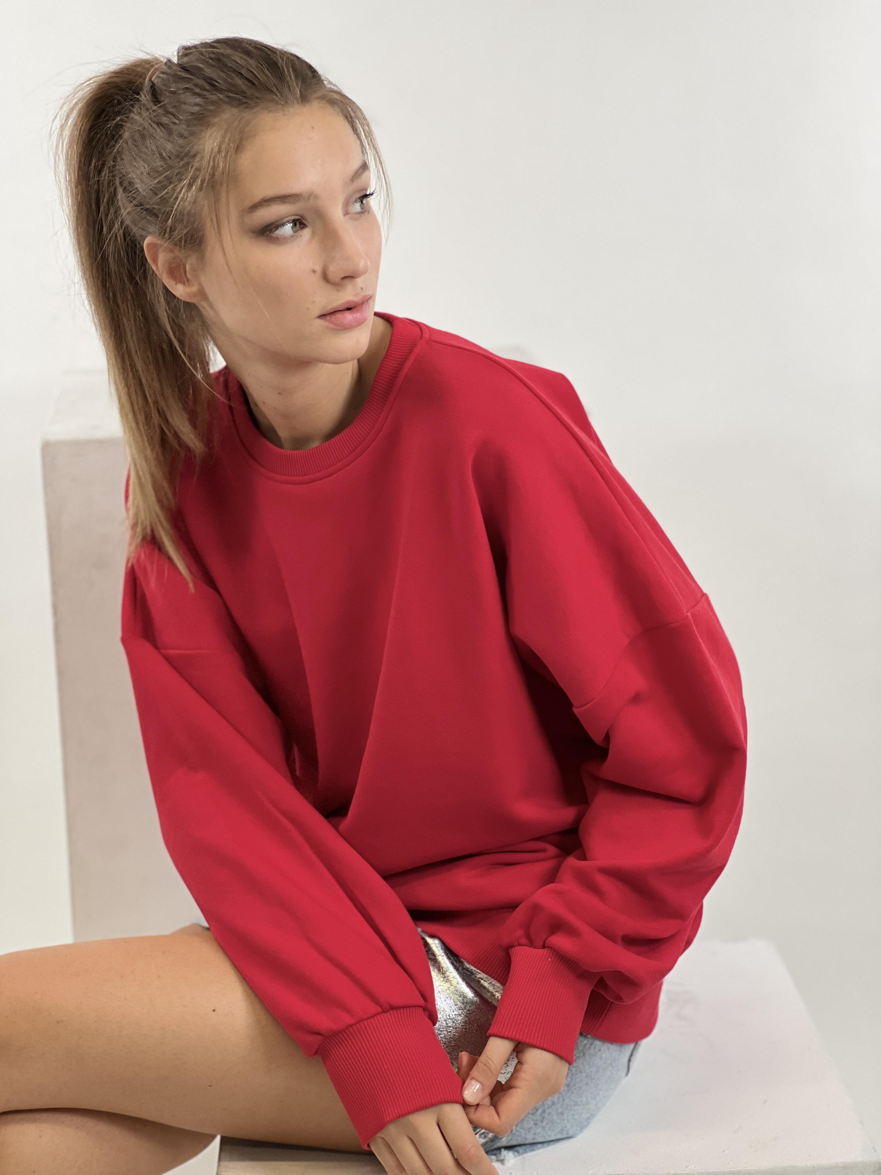 Kırmızı Bisiklet Yaka Oversize Basic Kadın Örme Sweatshirt-17378