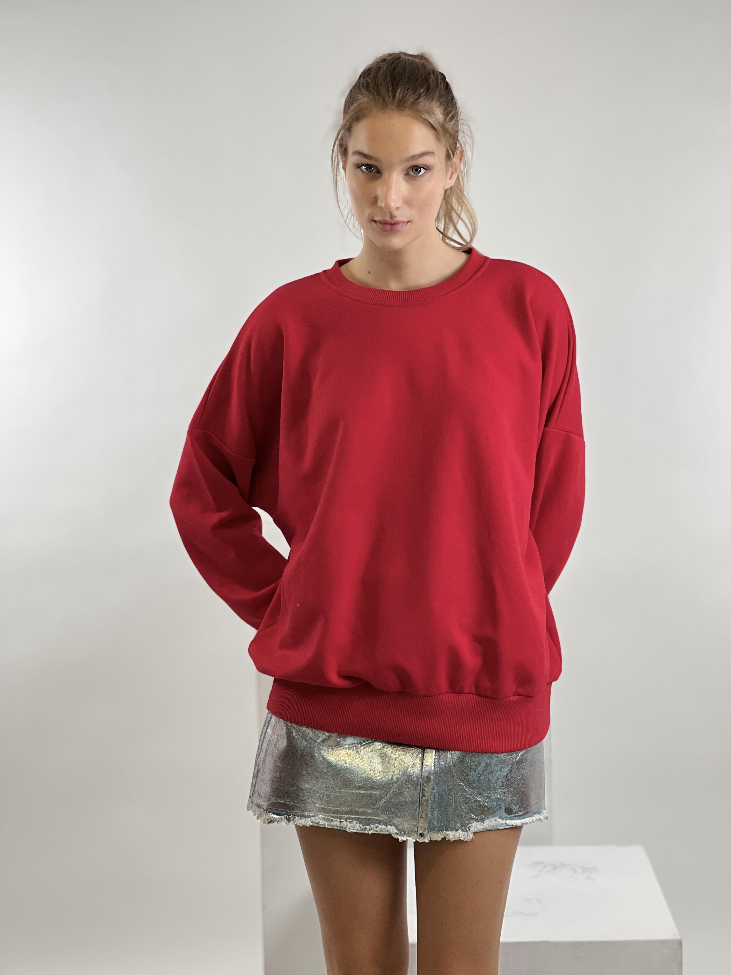 Kırmızı Bisiklet Yaka Oversize Basic Kadın Örme Sweatshirt-17378