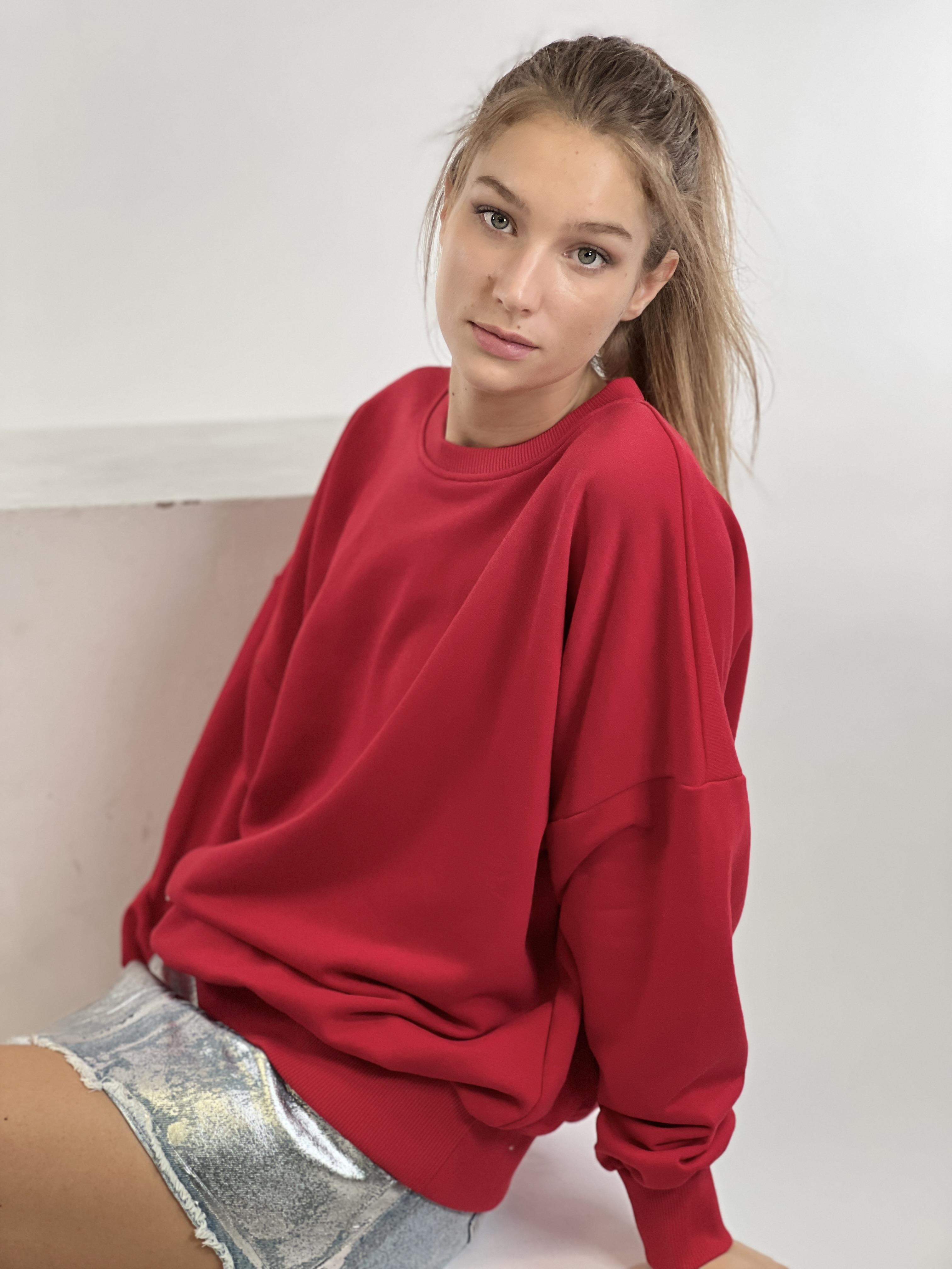 Kırmızı Bisiklet Yaka Oversize Basic Kadın Örme Sweatshirt-17378