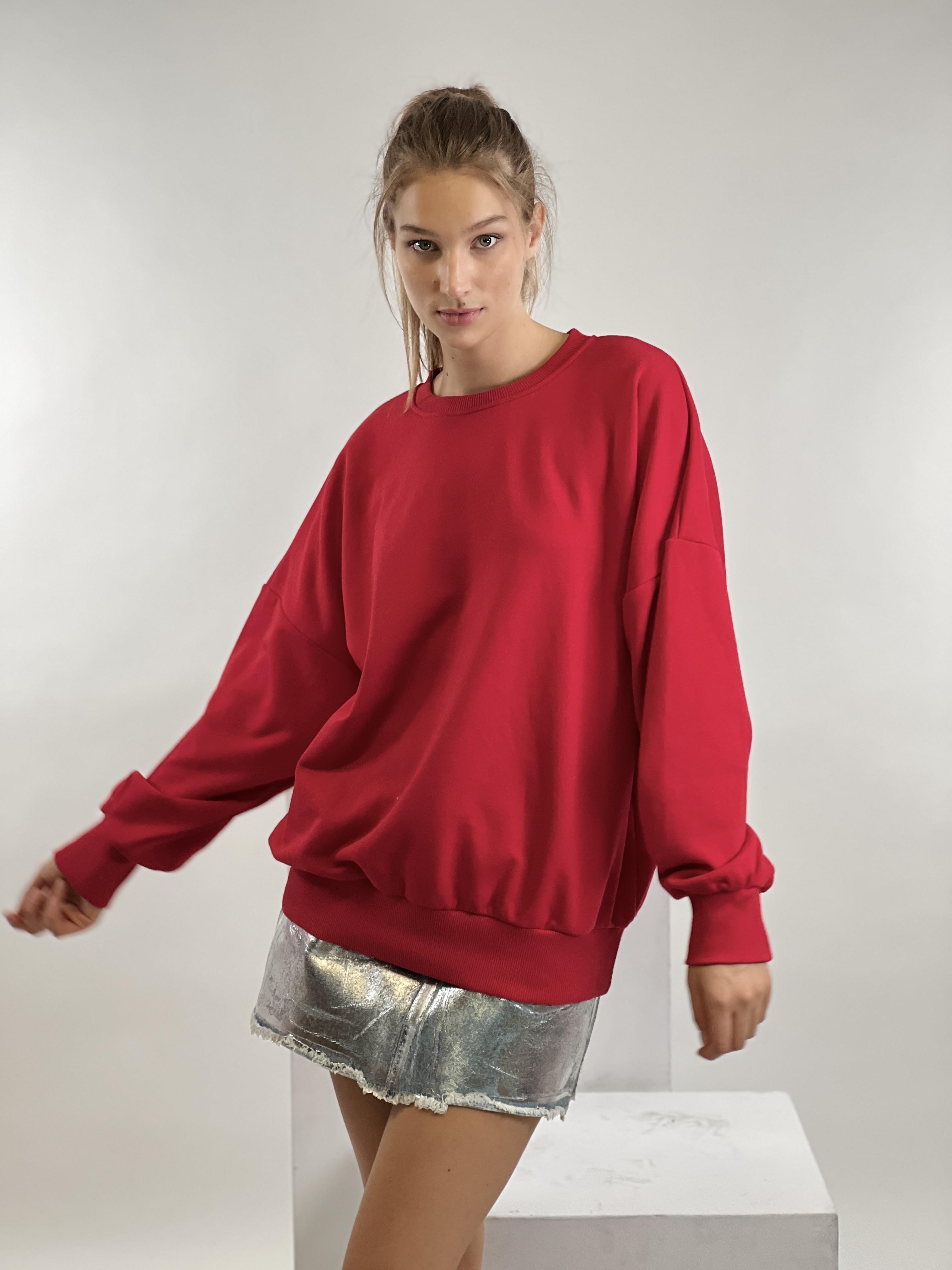 Kırmızı Bisiklet Yaka Oversize Basic Kadın Örme Sweatshirt-17378