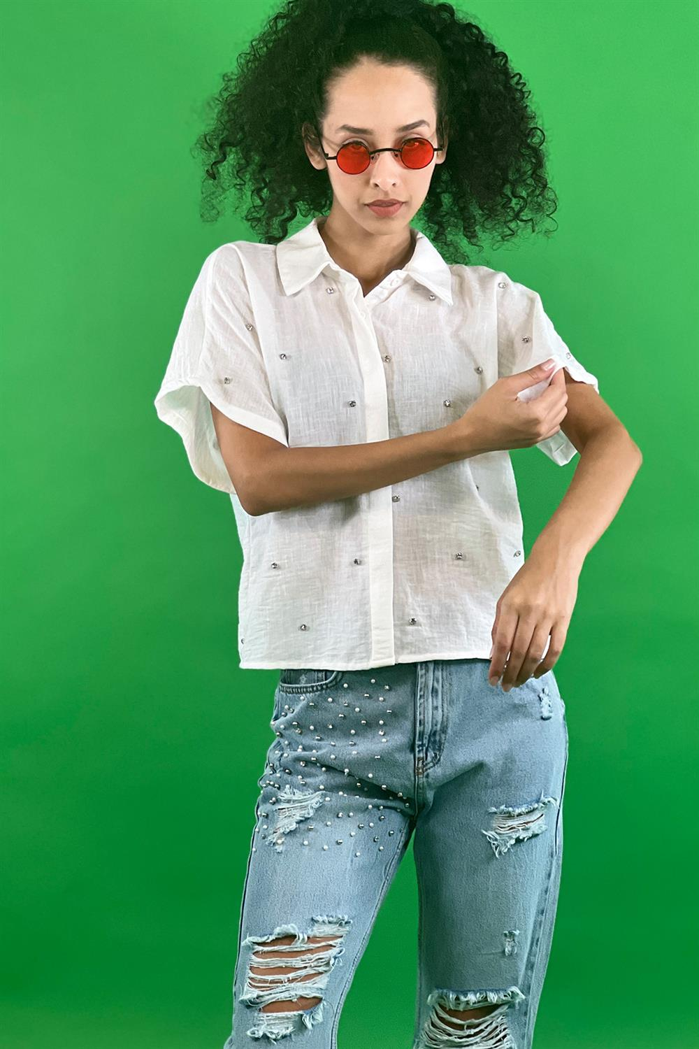 Klasik Yaka Taş Baskılı Kısa Kol Crop Gömlek-27258-00