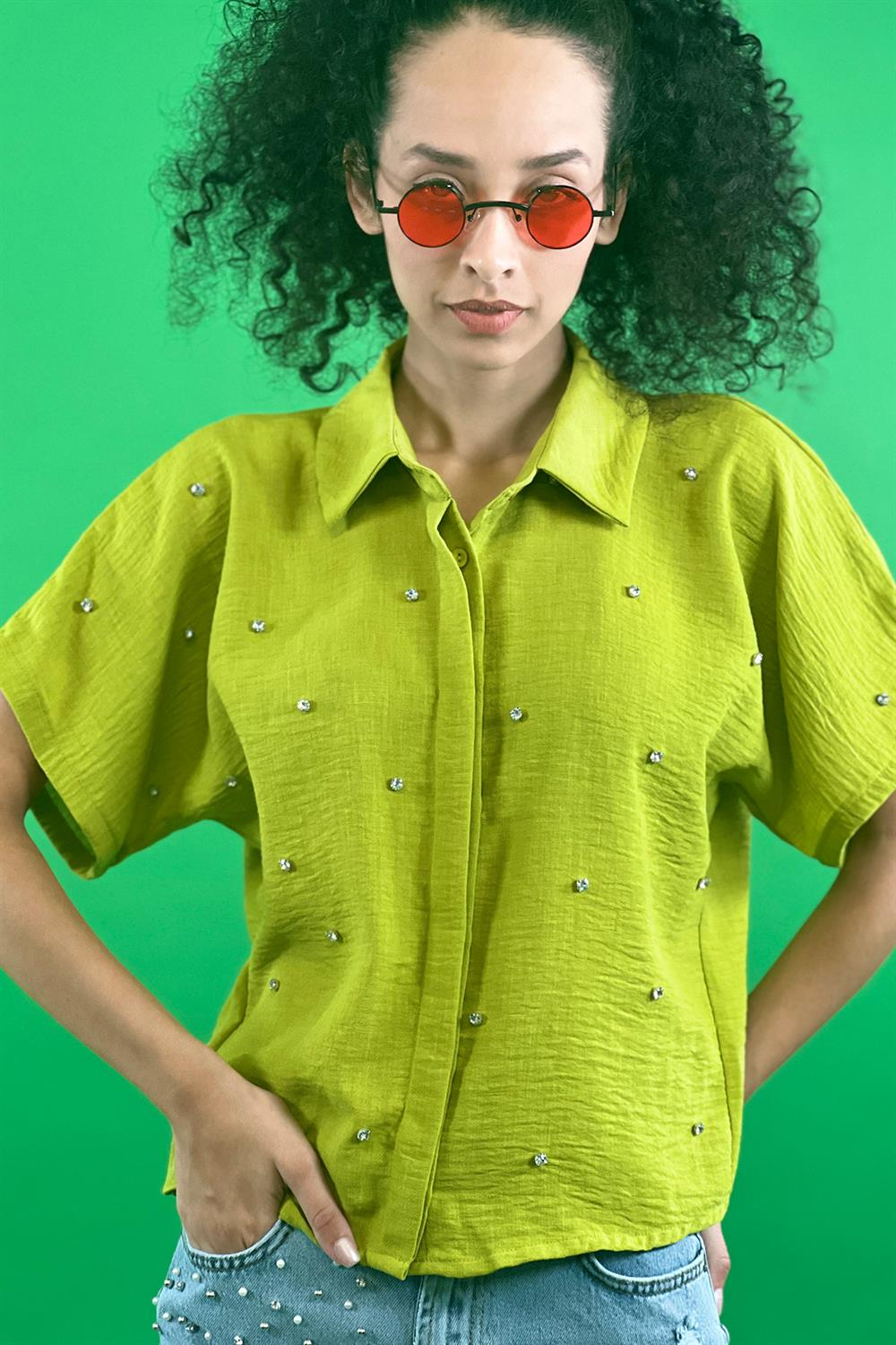 Klasik Yaka Taş Baskılı Kısa Kol Crop Gömlek-27258-00