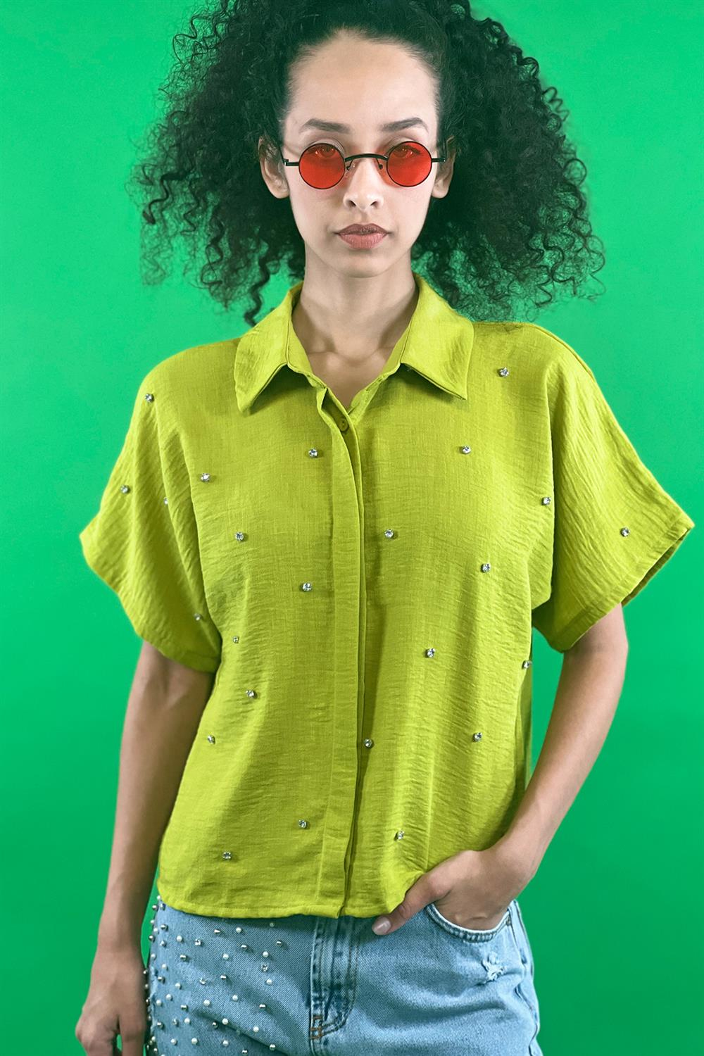 Klasik Yaka Taş Baskılı Kısa Kol Crop Gömlek-27258-00