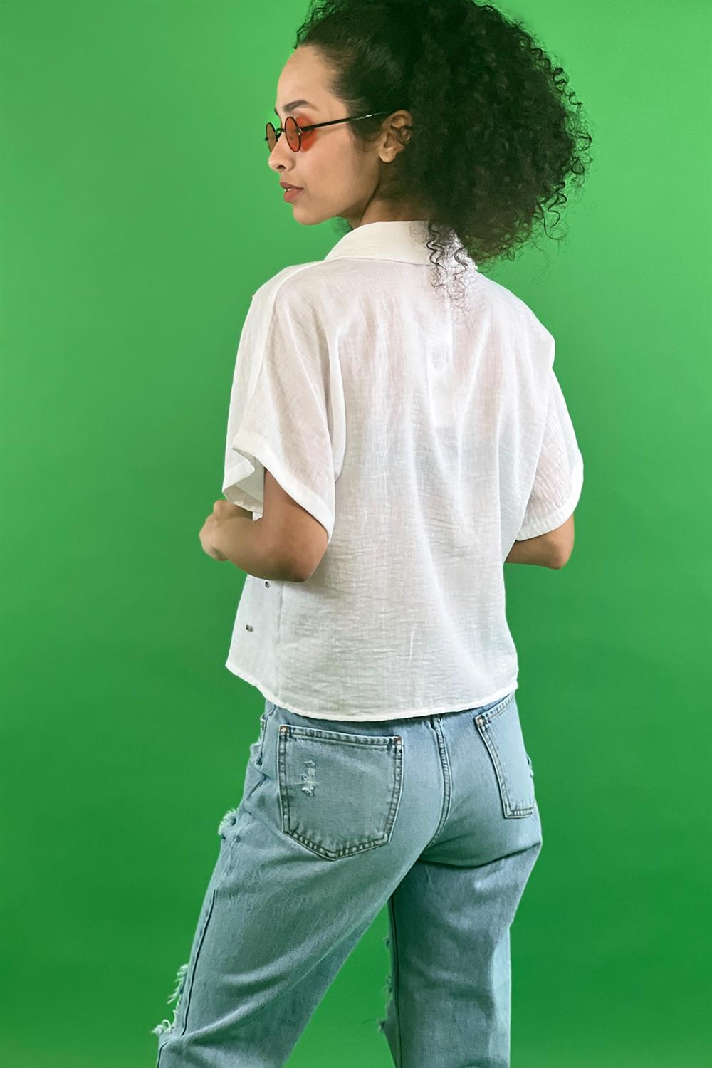 Klasik Yaka Taş Baskılı Kısa Kol Crop Gömlek-27258-00