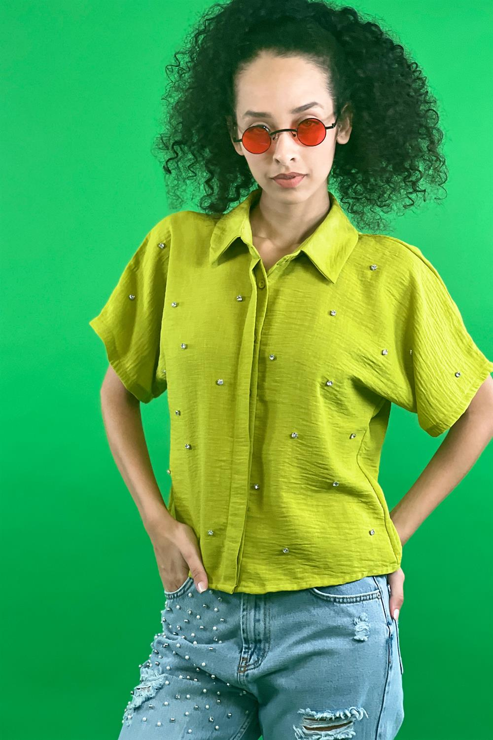 Klasik Yaka Taş Baskılı Kısa Kol Crop Gömlek-27258-00