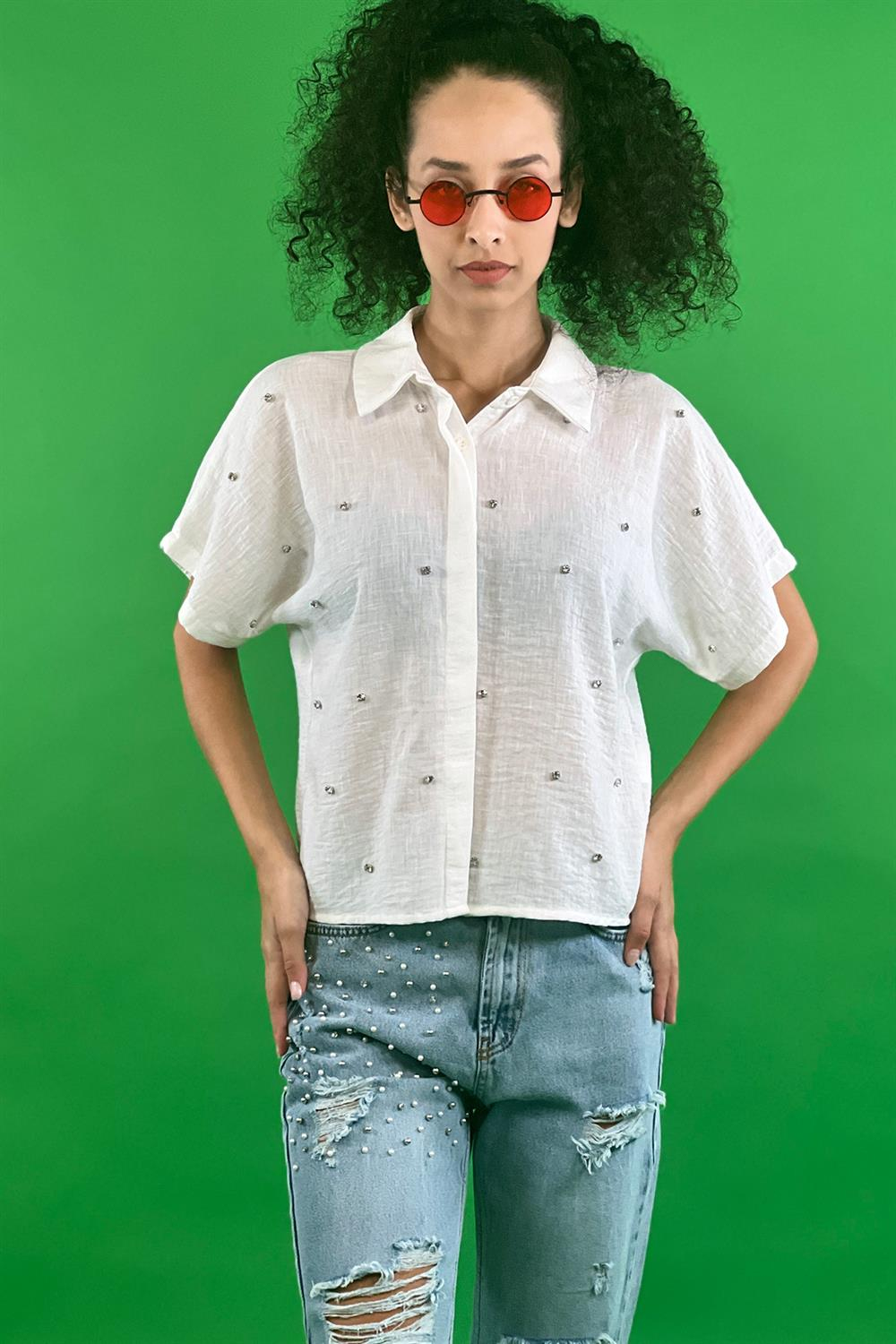 Klasik Yaka Taş Baskılı Kısa Kol Crop Gömlek-27258-00