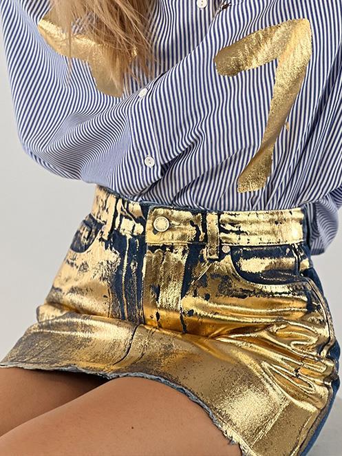Koyu Mavi Önü Varak Desenli Kısa Denim Etek-72764-0