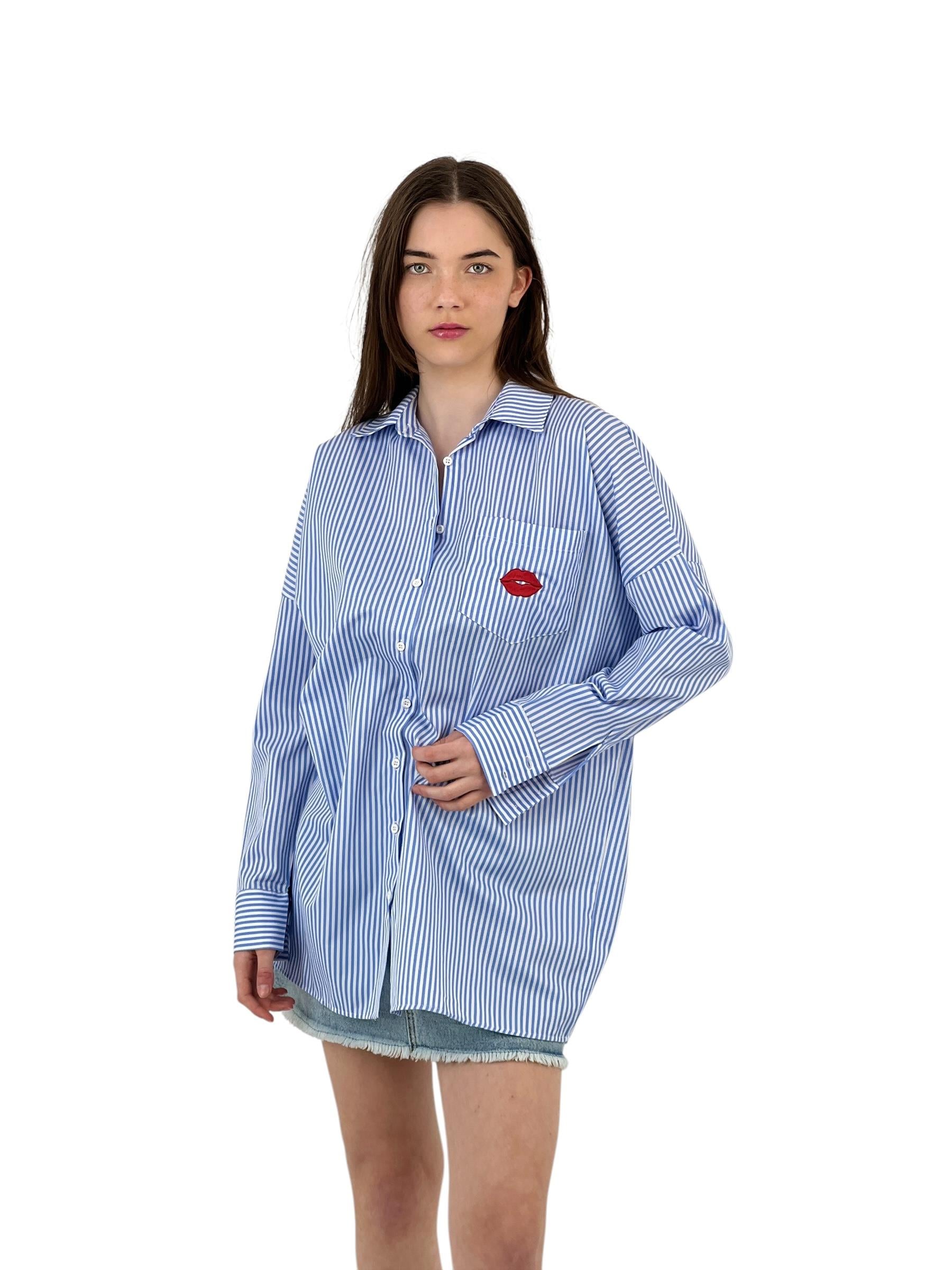 Mavi Çizgili Oversize Gömlek - Nakış Detaylı-27049