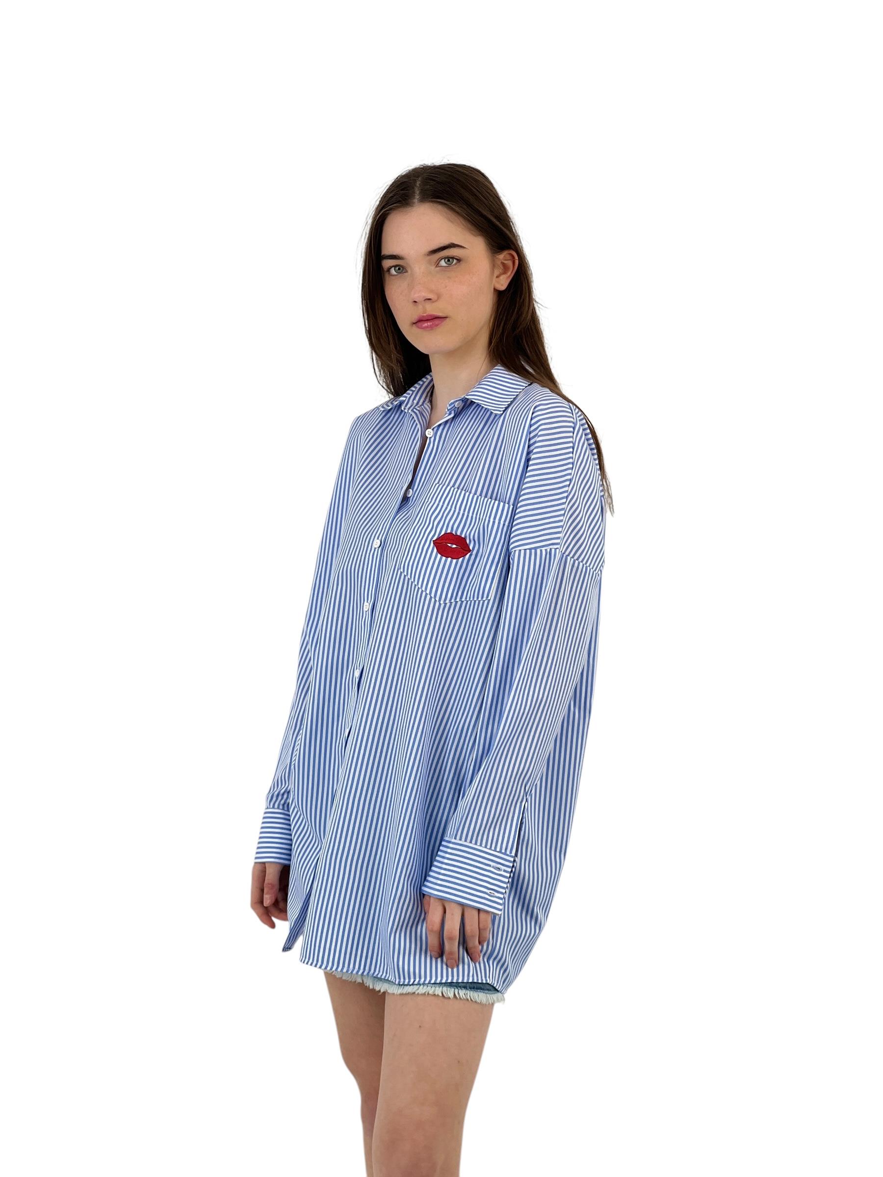 Mavi Çizgili Oversize Gömlek - Nakış Detaylı-27049