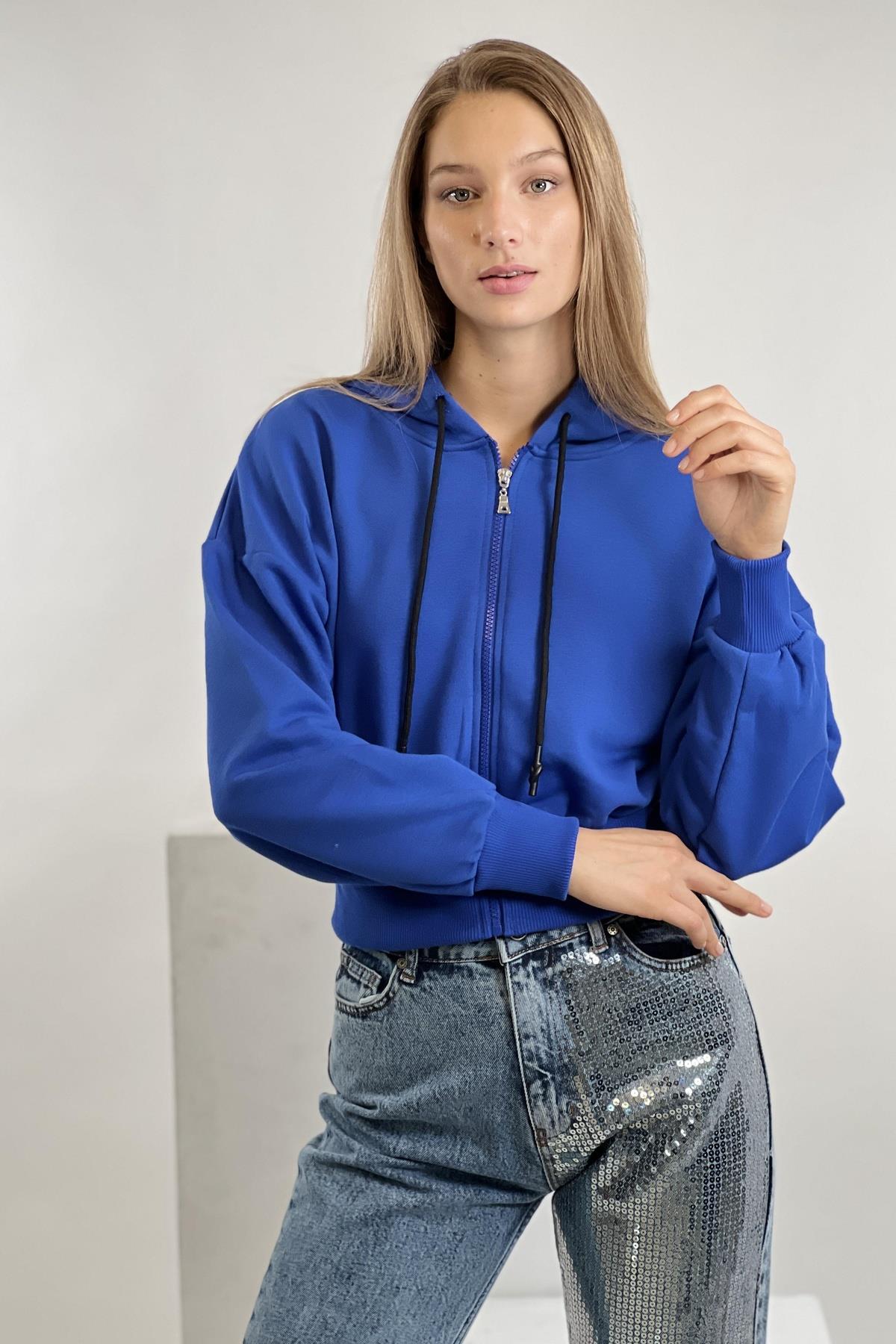 Mavi Önü Fermuarlı Kapüşonlu Kordon Detaylı Basic Örme Kadın Sweatshirt-17371