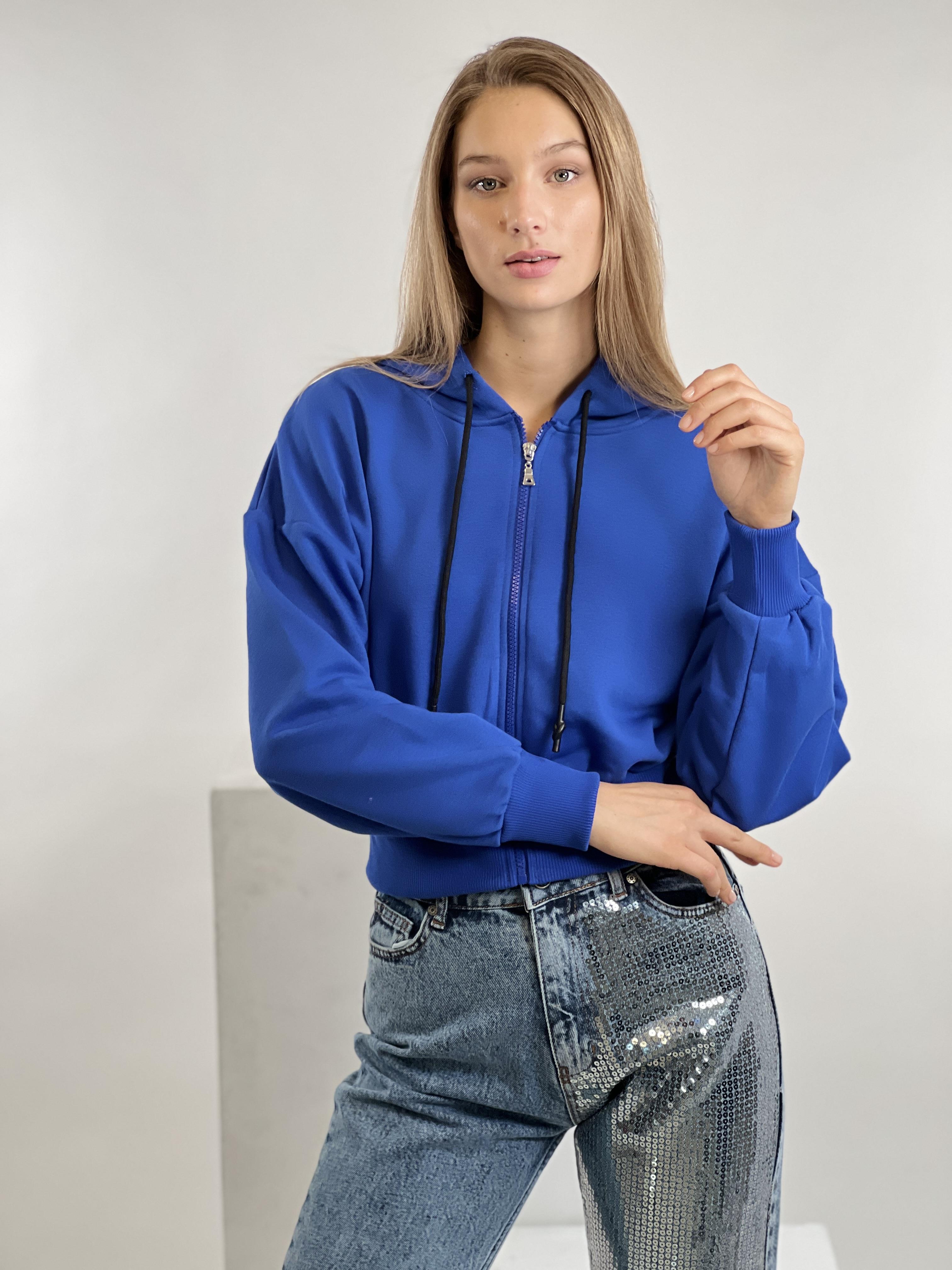 Mavi Önü Fermuarlı Kapüşonlu Kordon Detaylı Basic Örme Sweatshirt-17371