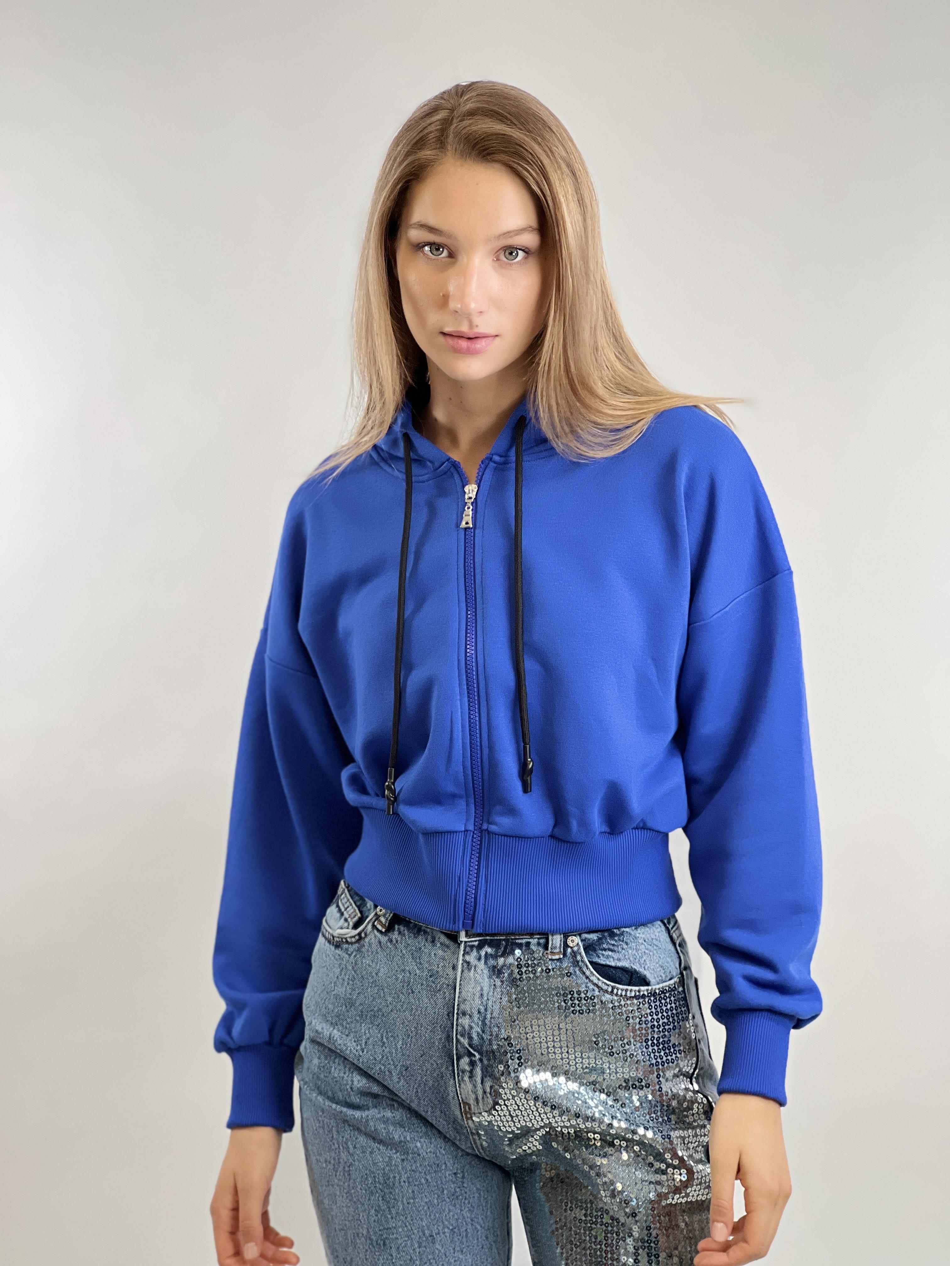 Mavi Önü Fermuarlı Kapüşonlu Kordon Detaylı Basic Örme Sweatshirt-17371