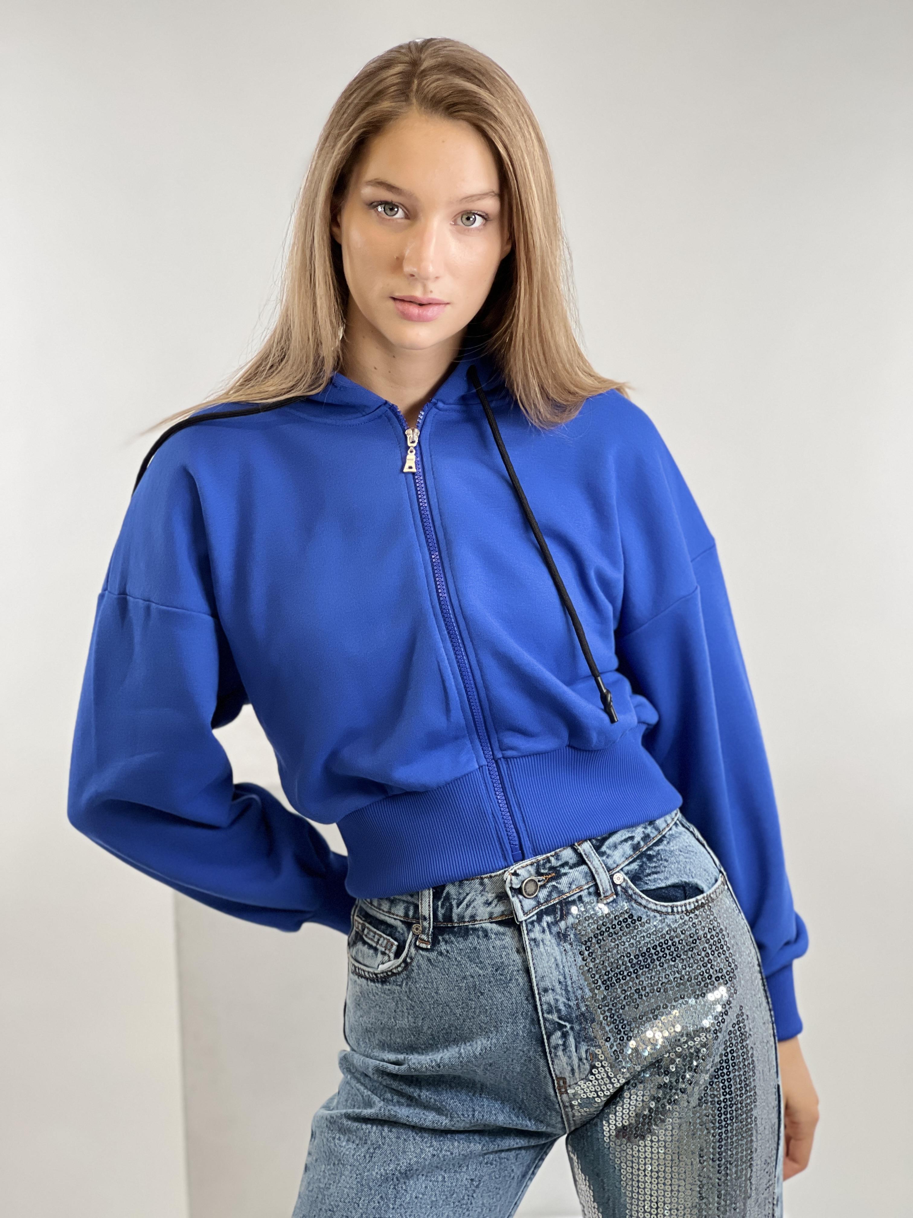 Mavi Önü Fermuarlı Kapüşonlu Kordon Detaylı Basic Örme Sweatshirt-17371