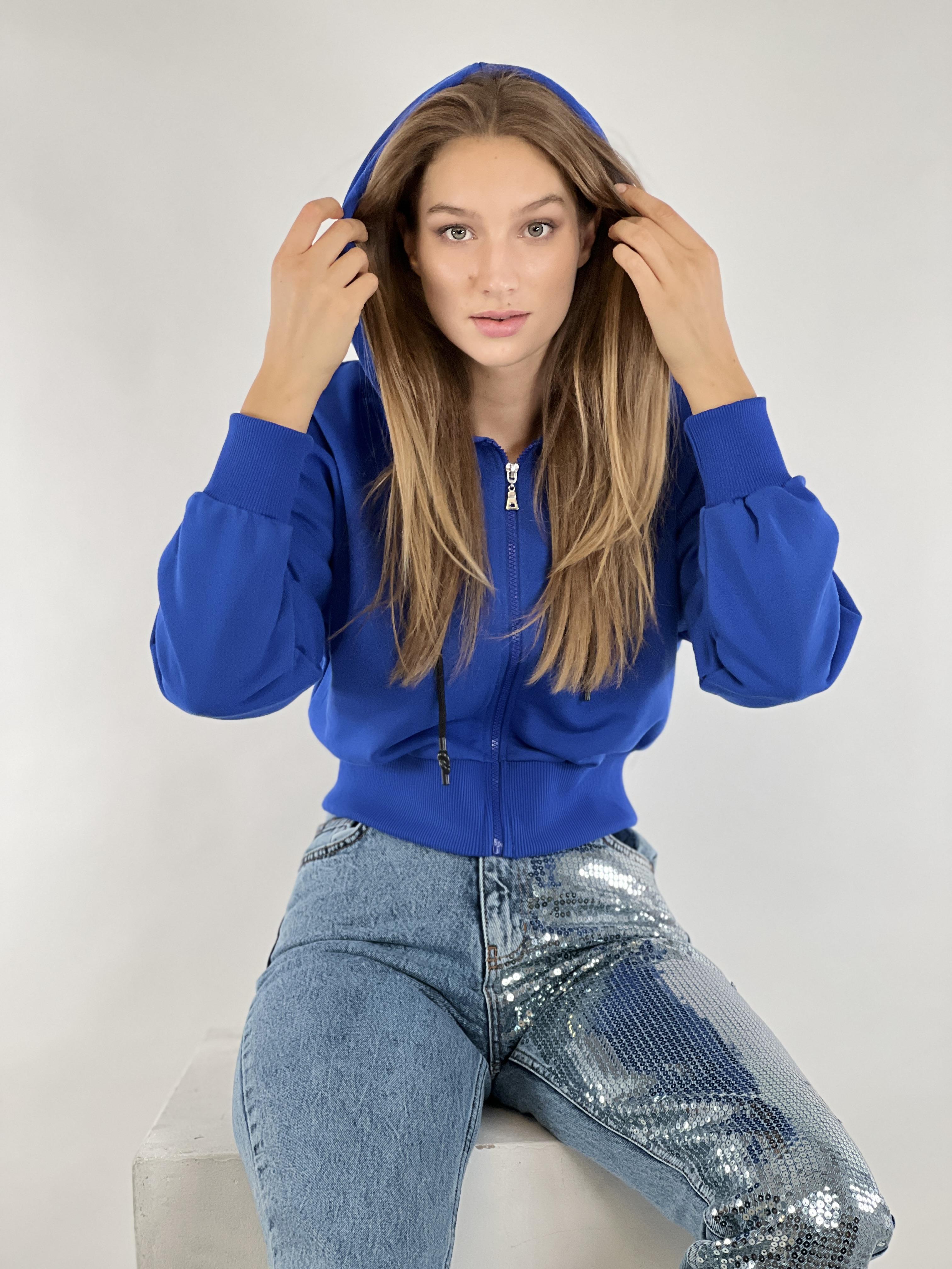Mavi Önü Fermuarlı Kapüşonlu Kordon Detaylı Basic Örme Sweatshirt-17371