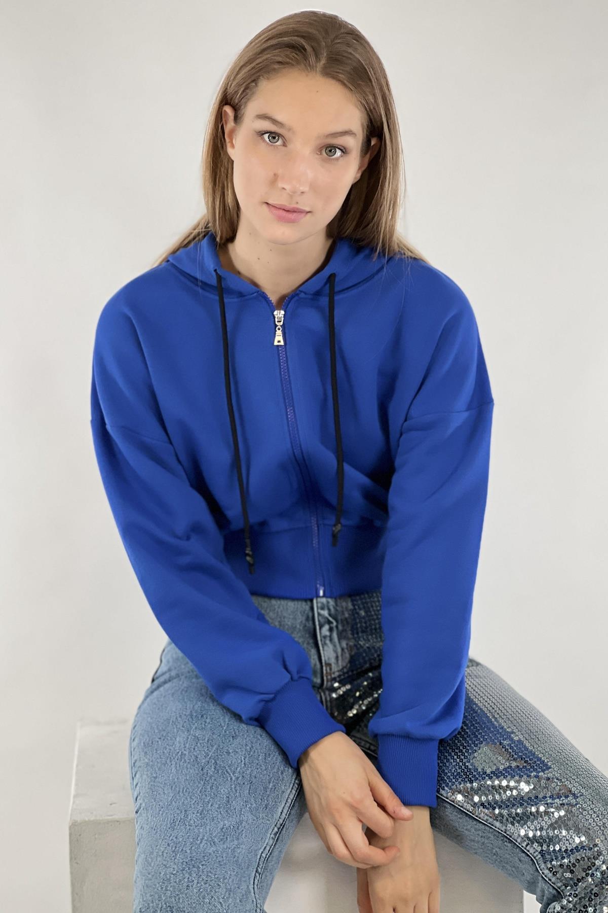 Mavi Önü Fermuarlı Kapüşonlu Kordon Detaylı Basic Örme Kadın Sweatshirt-17371