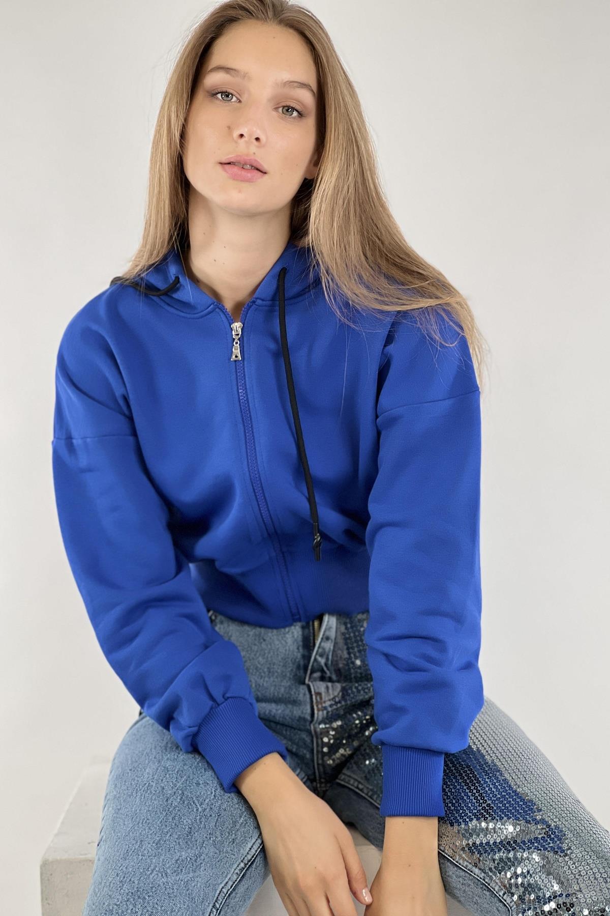 Mavi Önü Fermuarlı Kapüşonlu Kordon Detaylı Basic Örme Kadın Sweatshirt-17371