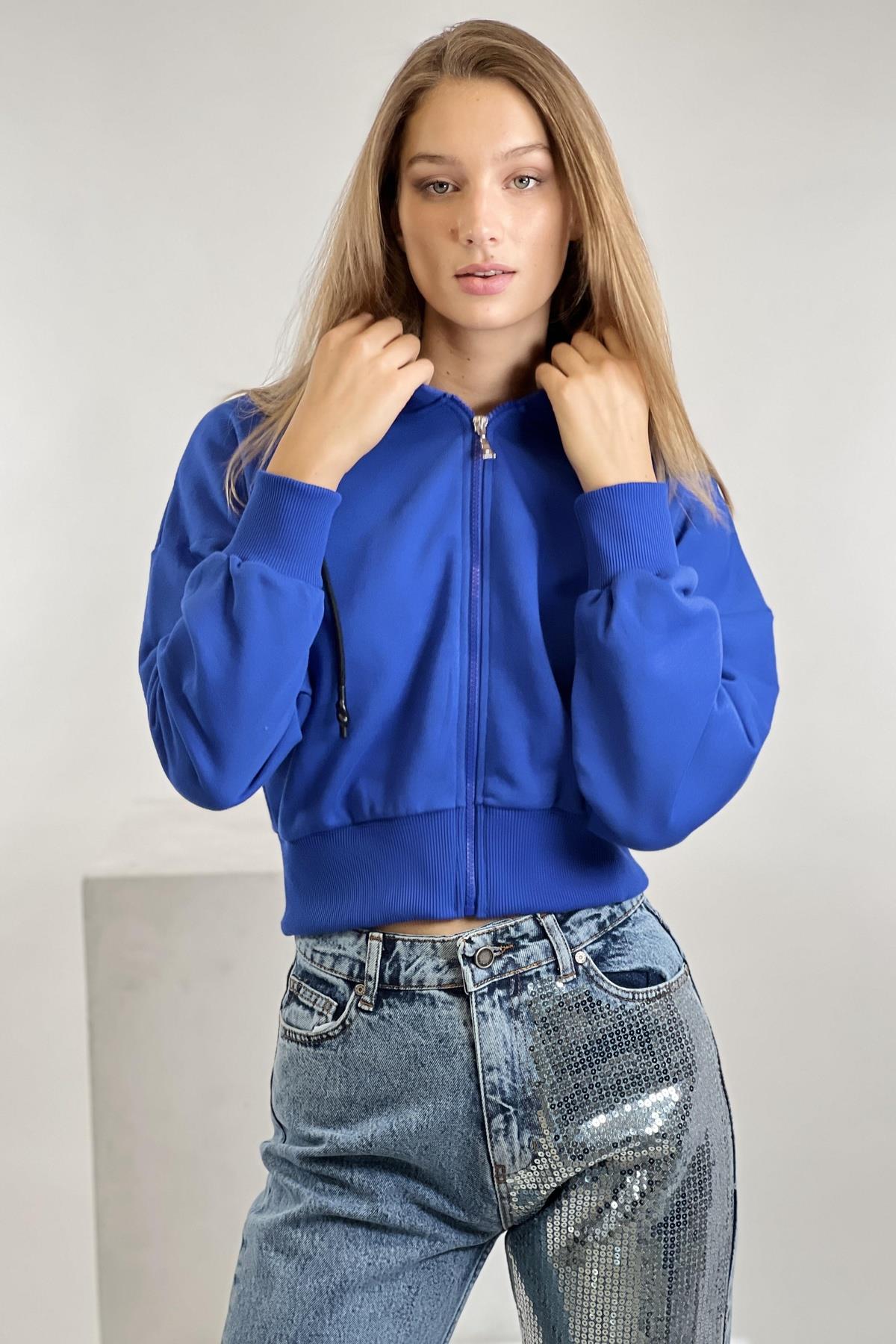 Mavi Önü Fermuarlı Kapüşonlu Kordon Detaylı Basic Örme Kadın Sweatshirt-17371