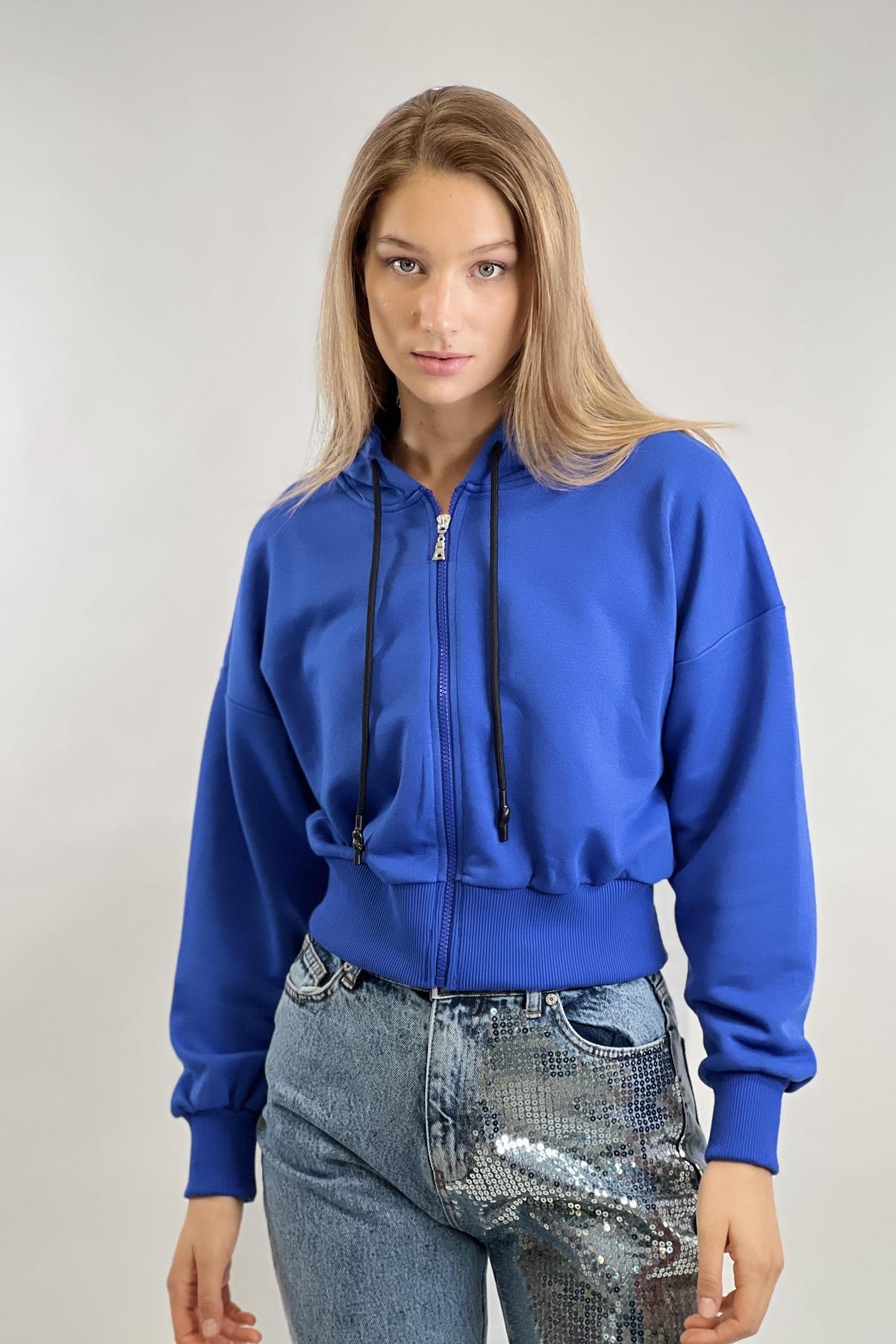 Mavi Önü Fermuarlı Kapüşonlu Kordon Detaylı Basic Örme Kadın Sweatshirt-17371