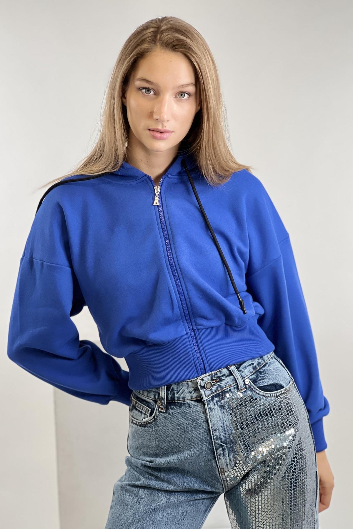 Mavi Önü Fermuarlı Kapüşonlu Kordon Detaylı Basic Örme Kadın Sweatshirt-17371