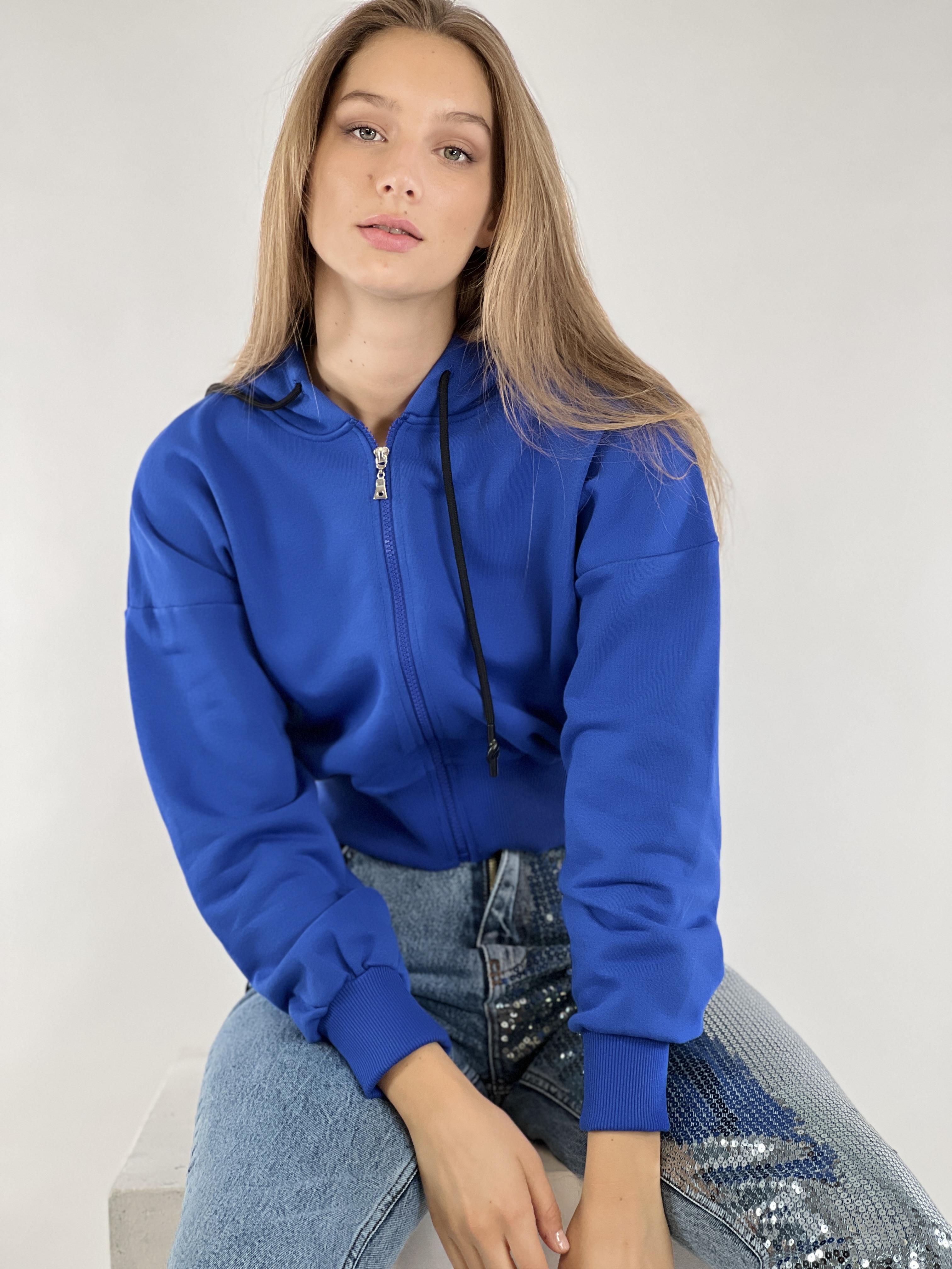 Mavi Önü Fermuarlı Kapüşonlu Kordon Detaylı Basic Örme Sweatshirt-17371