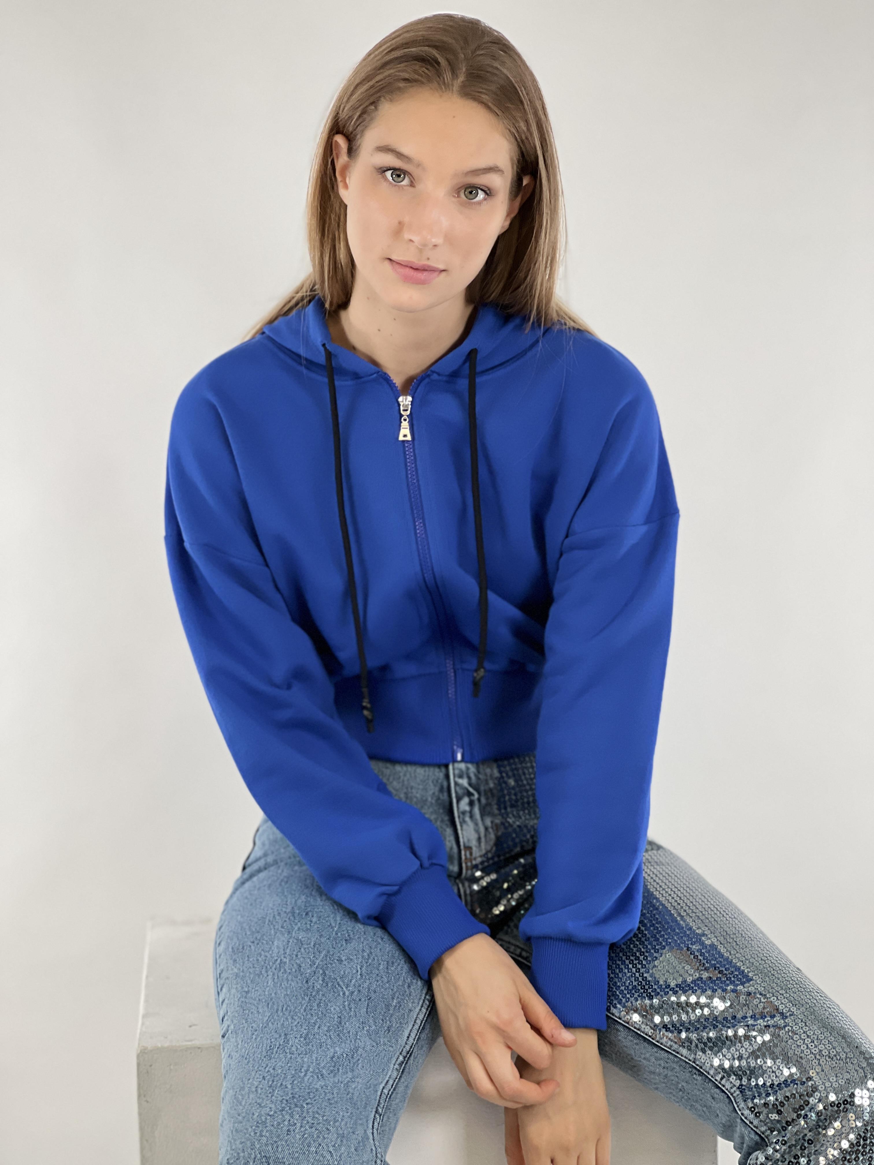 Mavi Önü Fermuarlı Kapüşonlu Kordon Detaylı Basic Örme Sweatshirt-17371