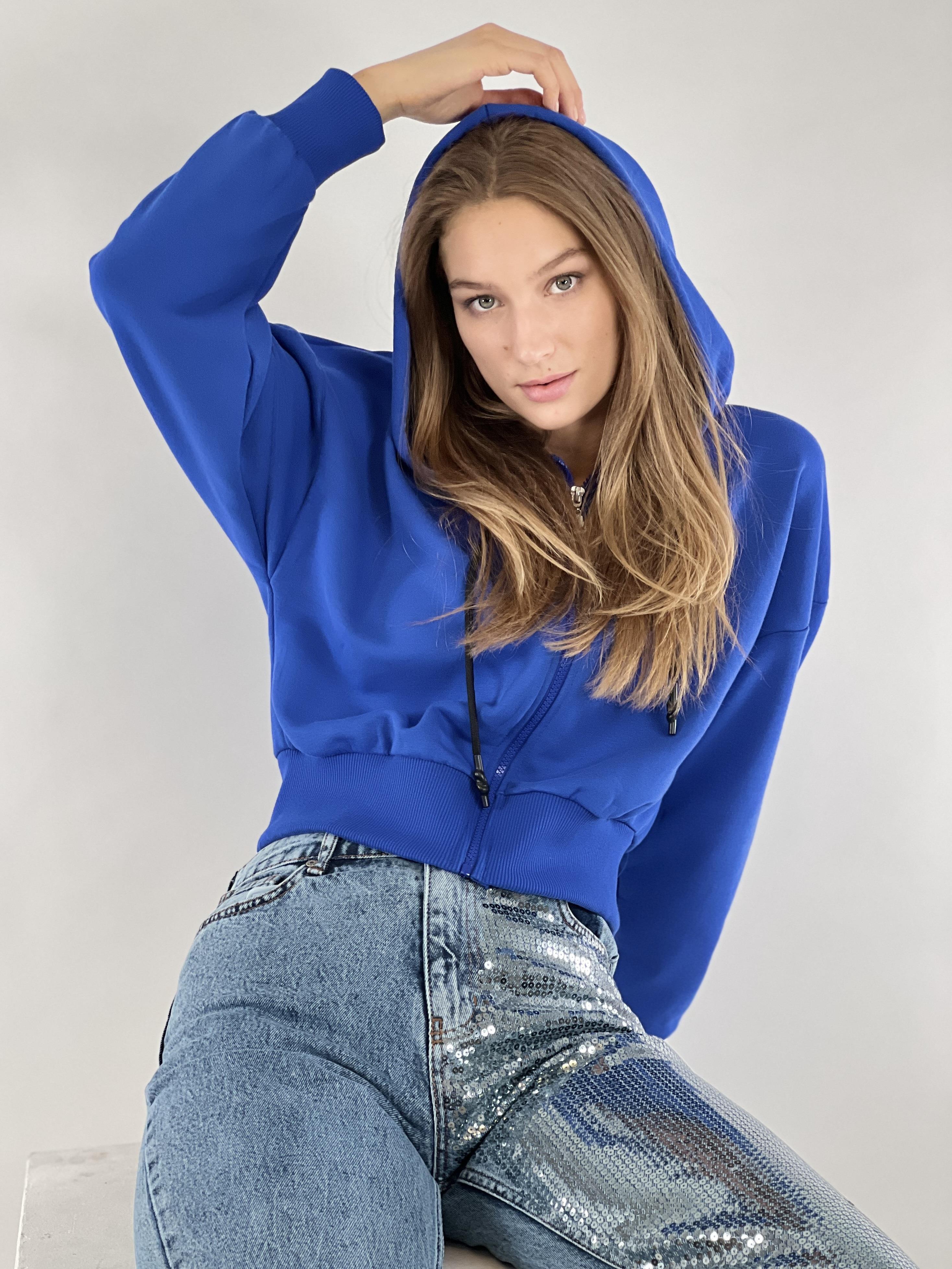 Mavi Önü Fermuarlı Kapüşonlu Kordon Detaylı Basic Örme Sweatshirt-17371