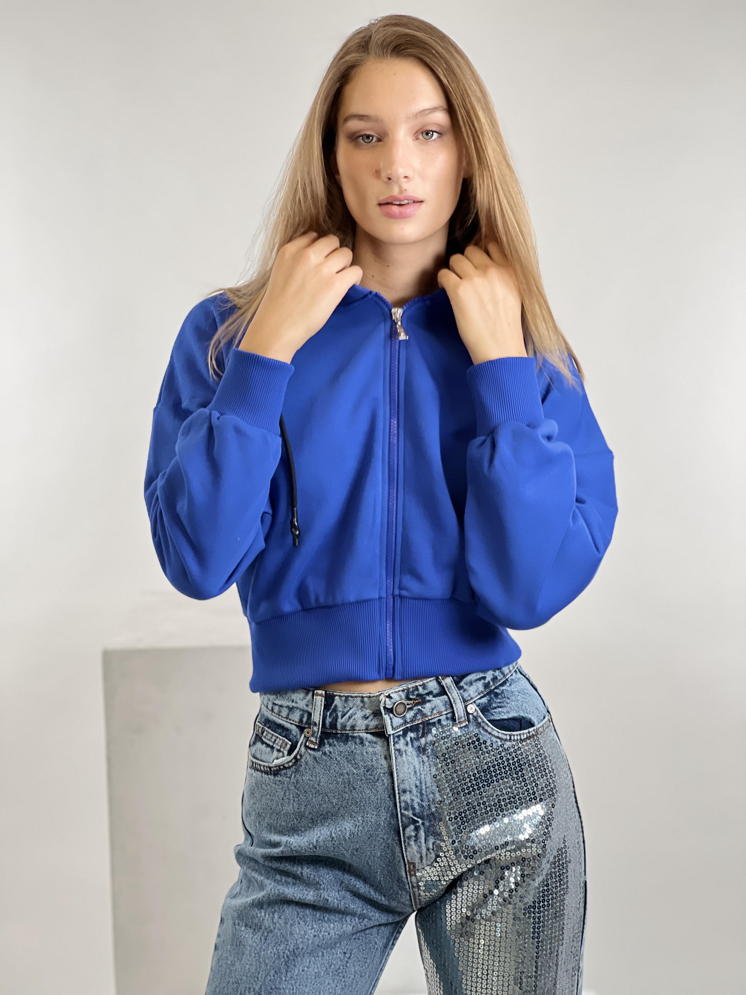 Mavi Önü Fermuarlı Kapüşonlu Kordon Detaylı Basic Örme Sweatshirt-17371