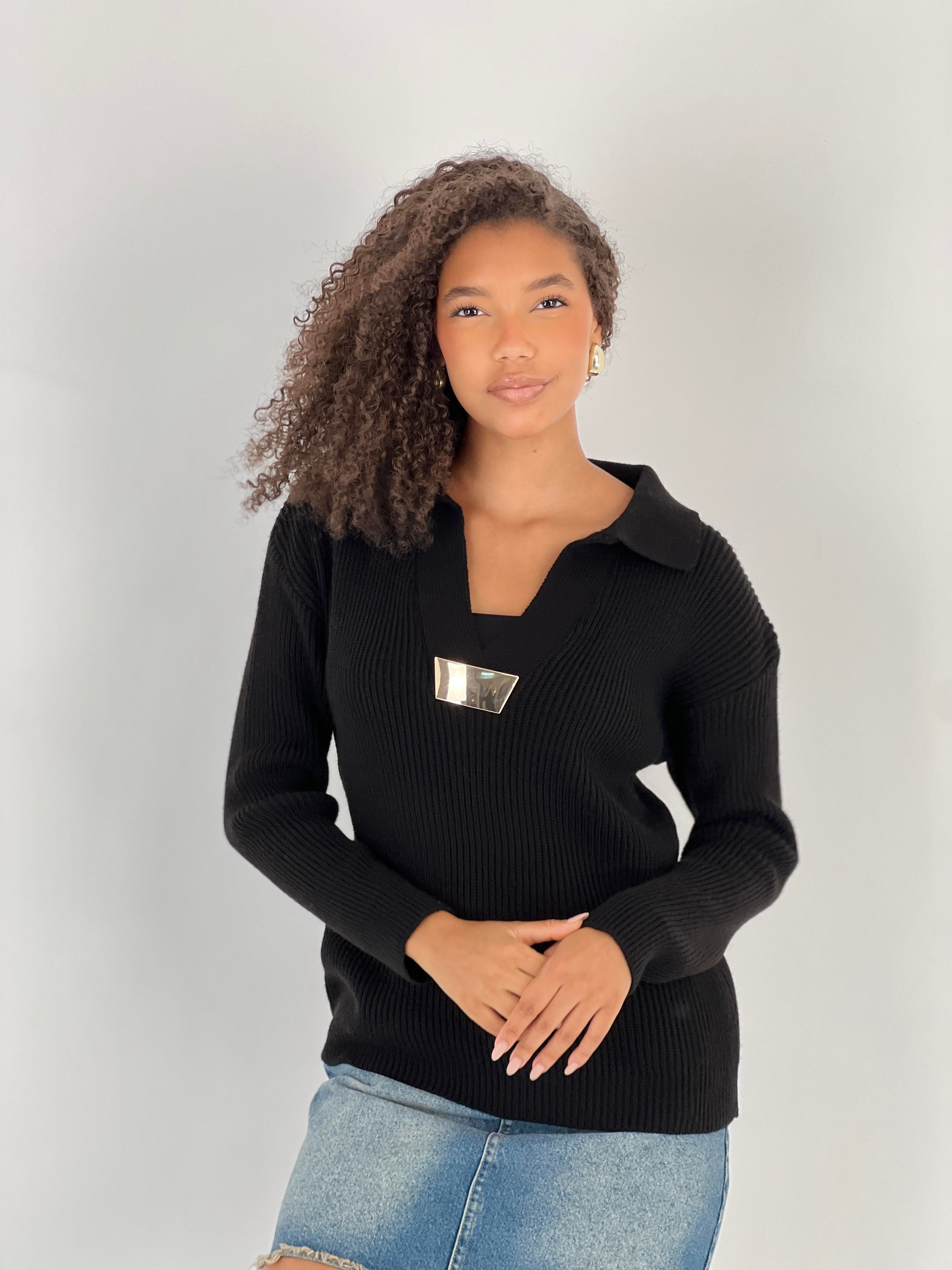 Metal Detaylı V Yaka Uzun Kollu Siyah Kadın Triko Kazak-33151-1