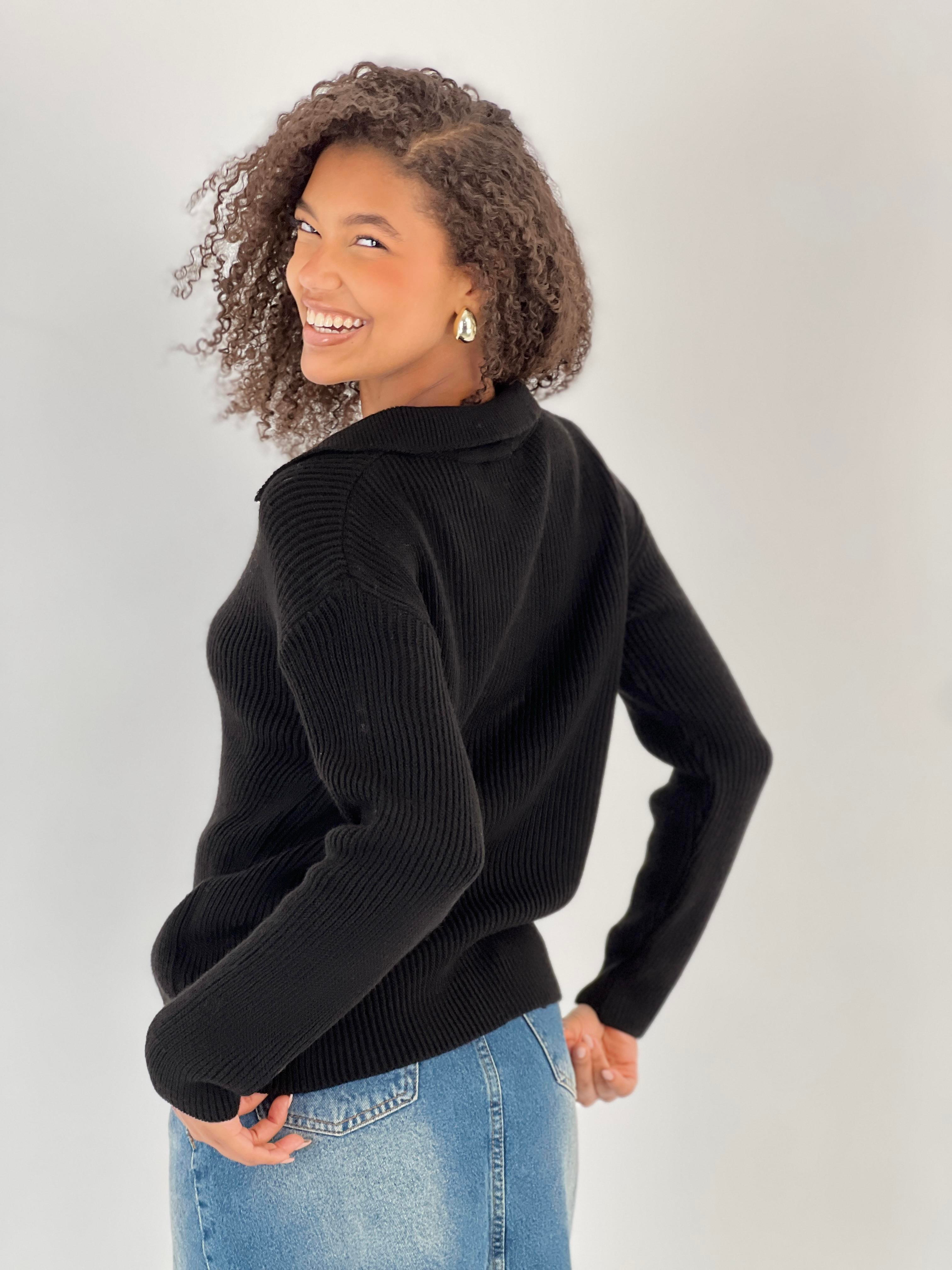 Metal Detaylı V Yaka Uzun Kollu Siyah Kadın Triko Kazak-33151-1