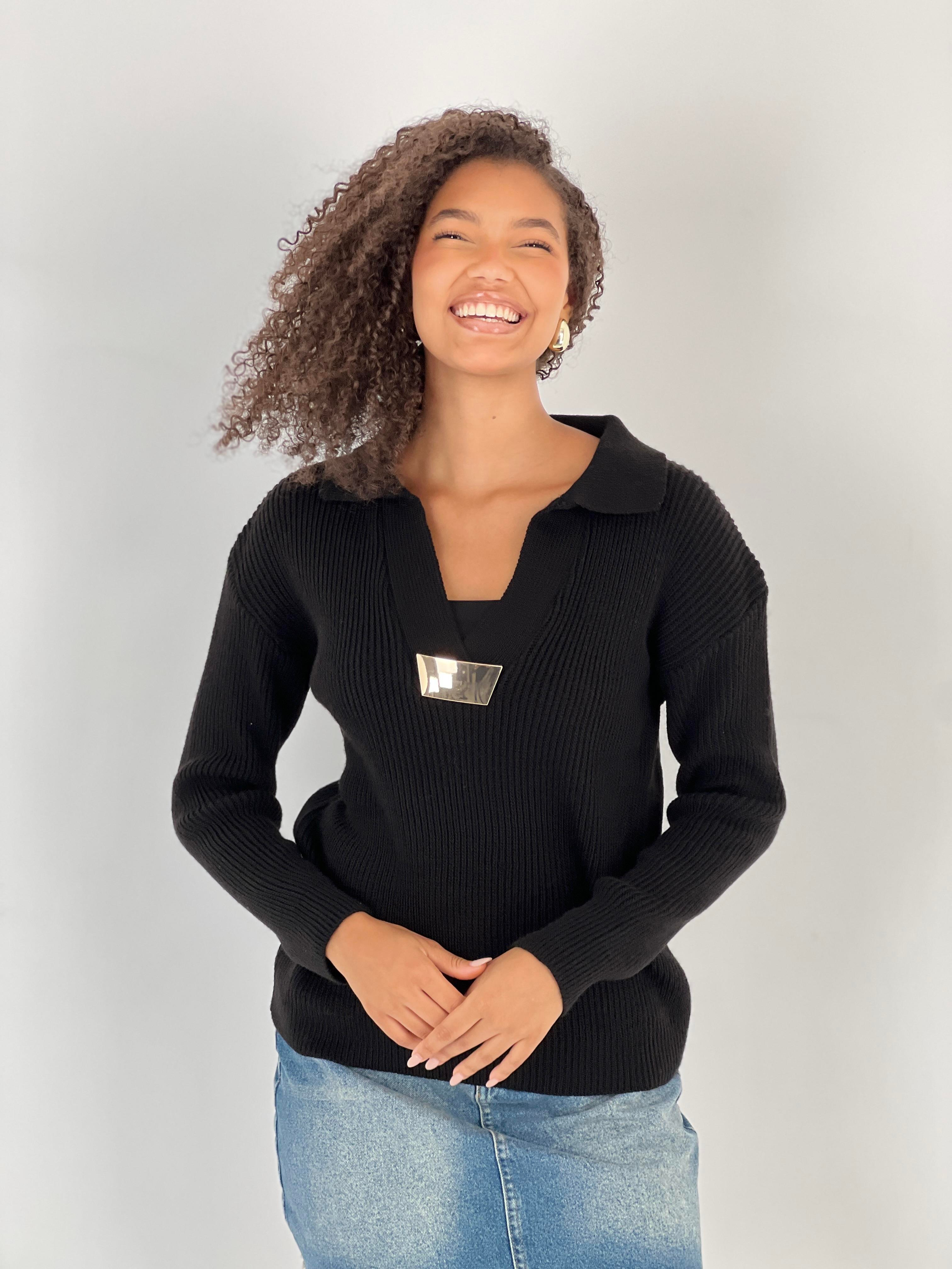 Metal Detaylı V Yaka Uzun Kollu Siyah Kadın Triko Kazak-33151-1