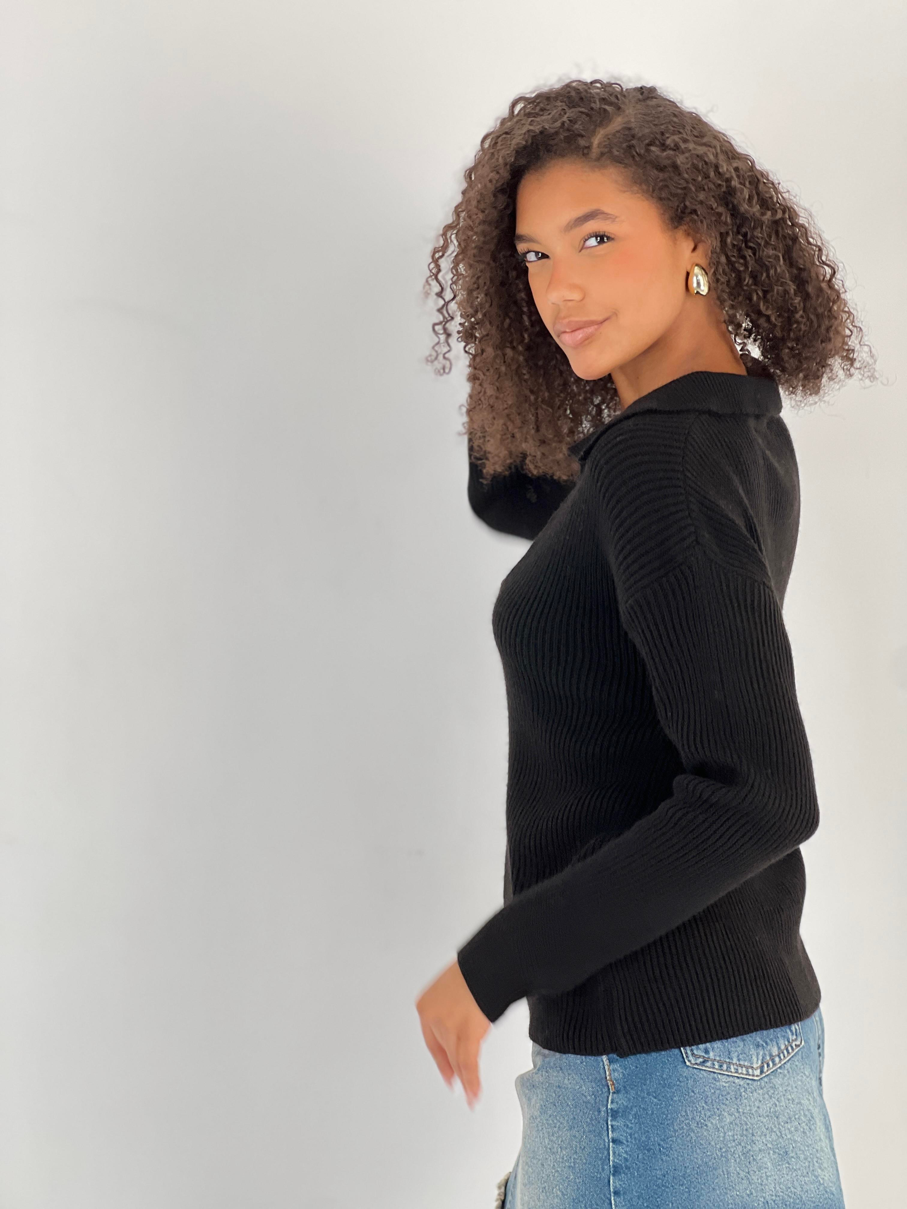 Metal Detaylı V Yaka Uzun Kollu Siyah Kadın Triko Kazak-33151-1