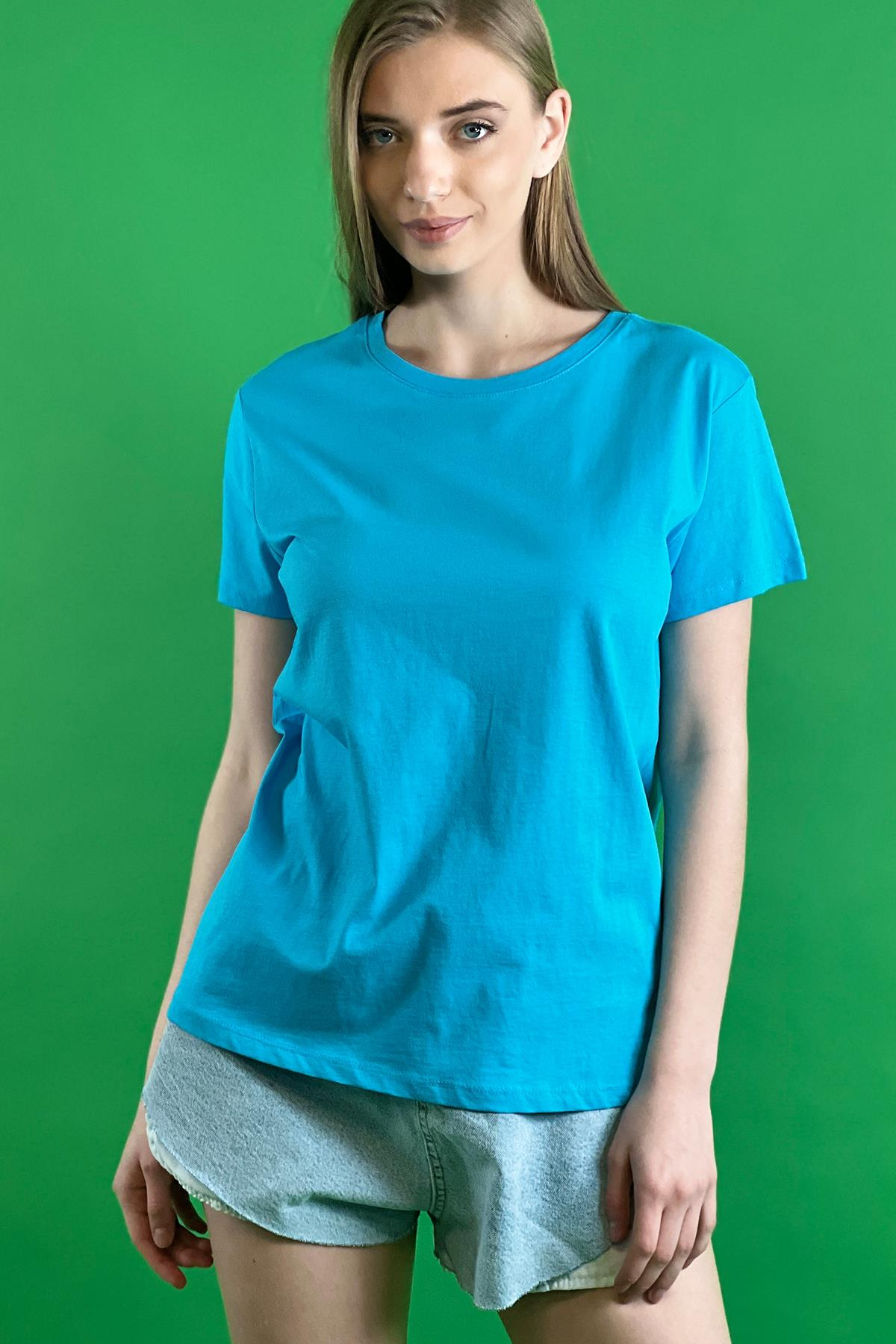 Rahat Kesim Bisiklet Yaka Basic Pamuk Tshirt-15509-00