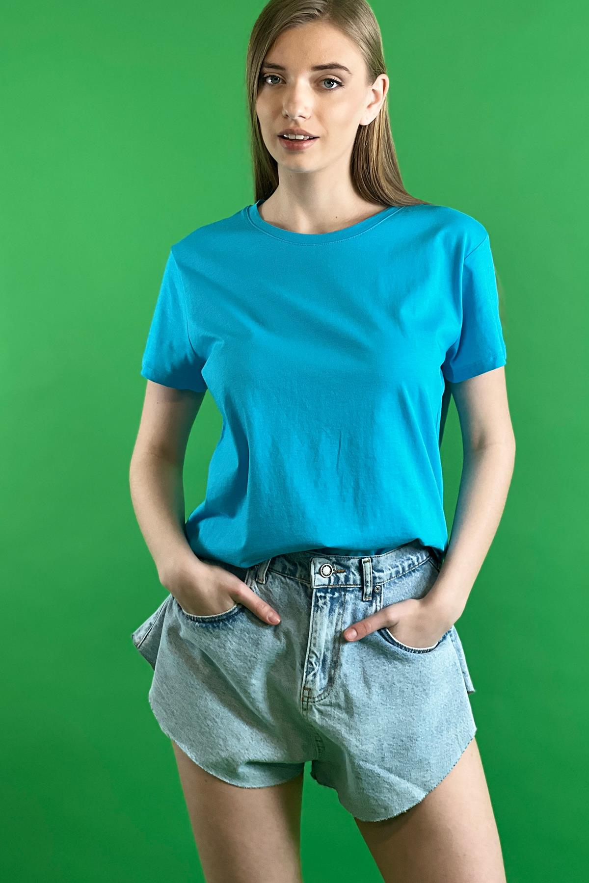 Rahat Kesim Bisiklet Yaka Basic Pamuk Tshirt-15509-00
