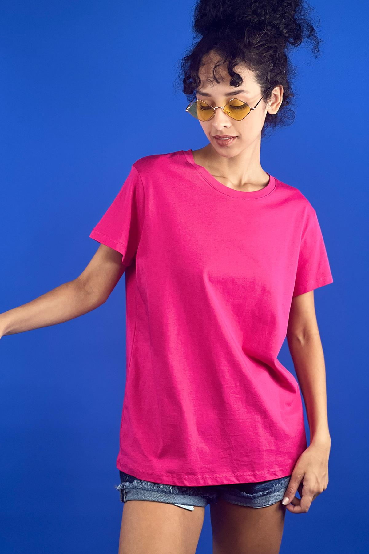 Rahat Kesim Bisiklet Yaka Basic Pamuk Tshirt-15509-00