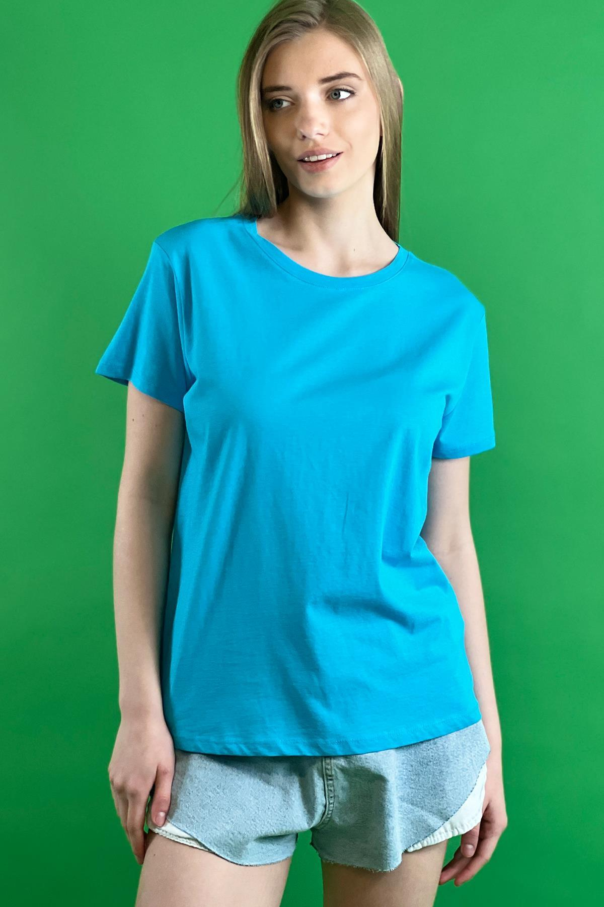 Rahat Kesim Bisiklet Yaka Basic Pamuk Tshirt-15509-00