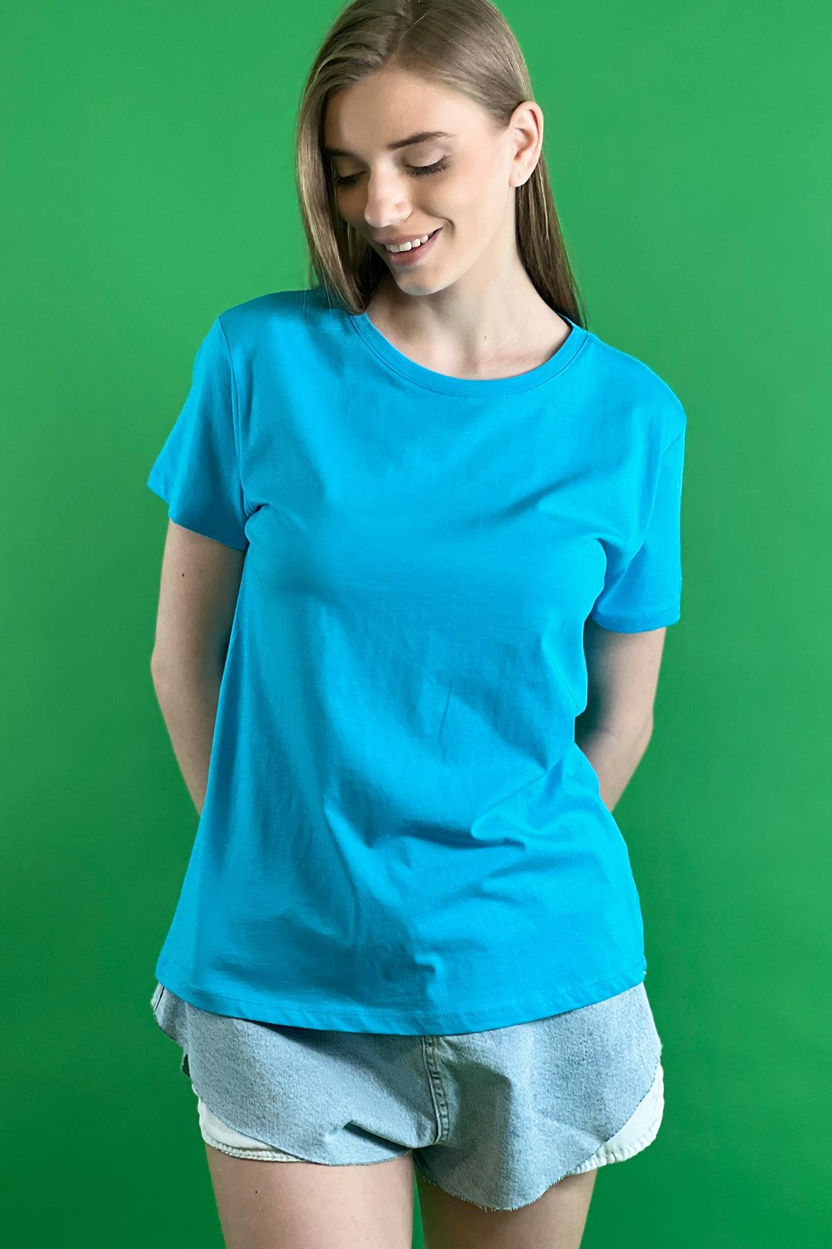 Rahat Kesim Bisiklet Yaka Basic Pamuk Tshirt-15509-00