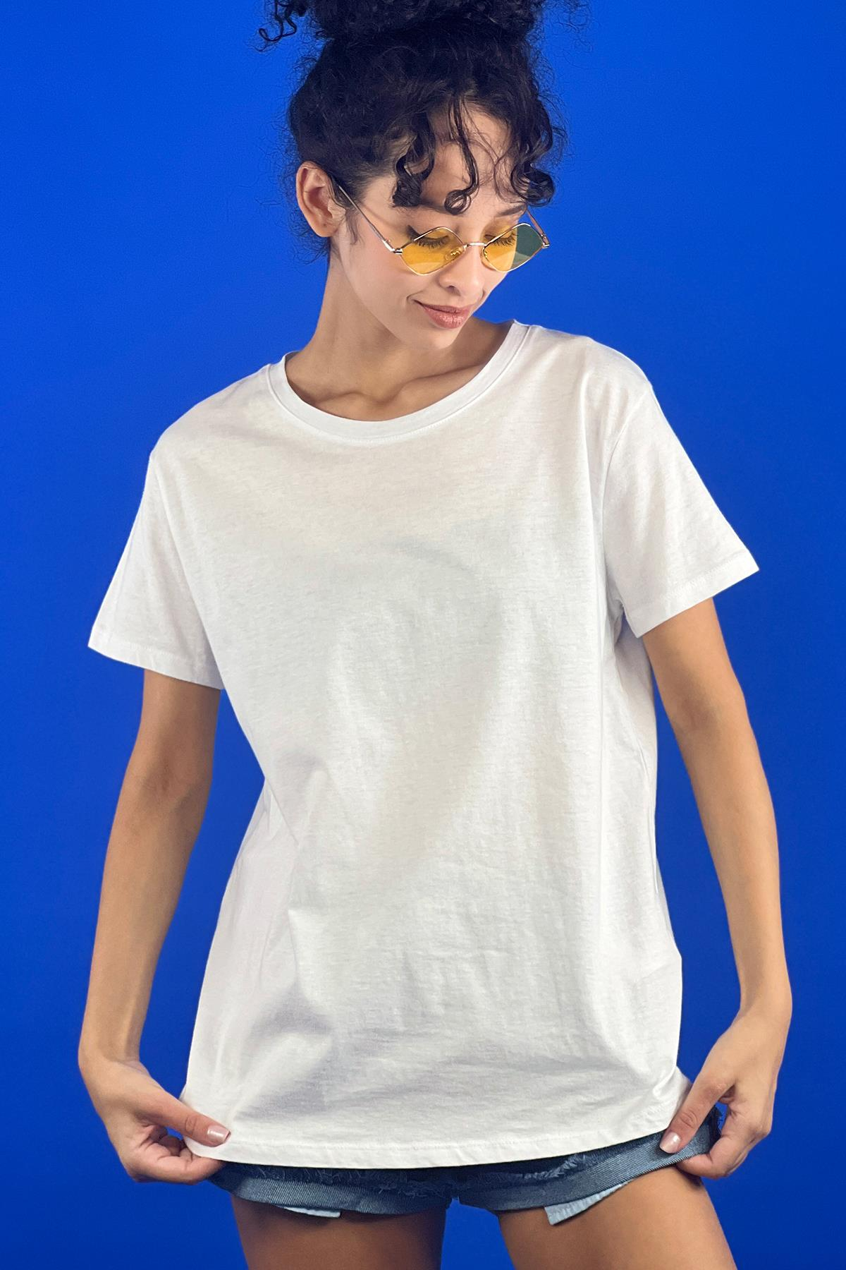 Rahat Kesim Bisiklet Yaka Basic Pamuk Tshirt-15509-00